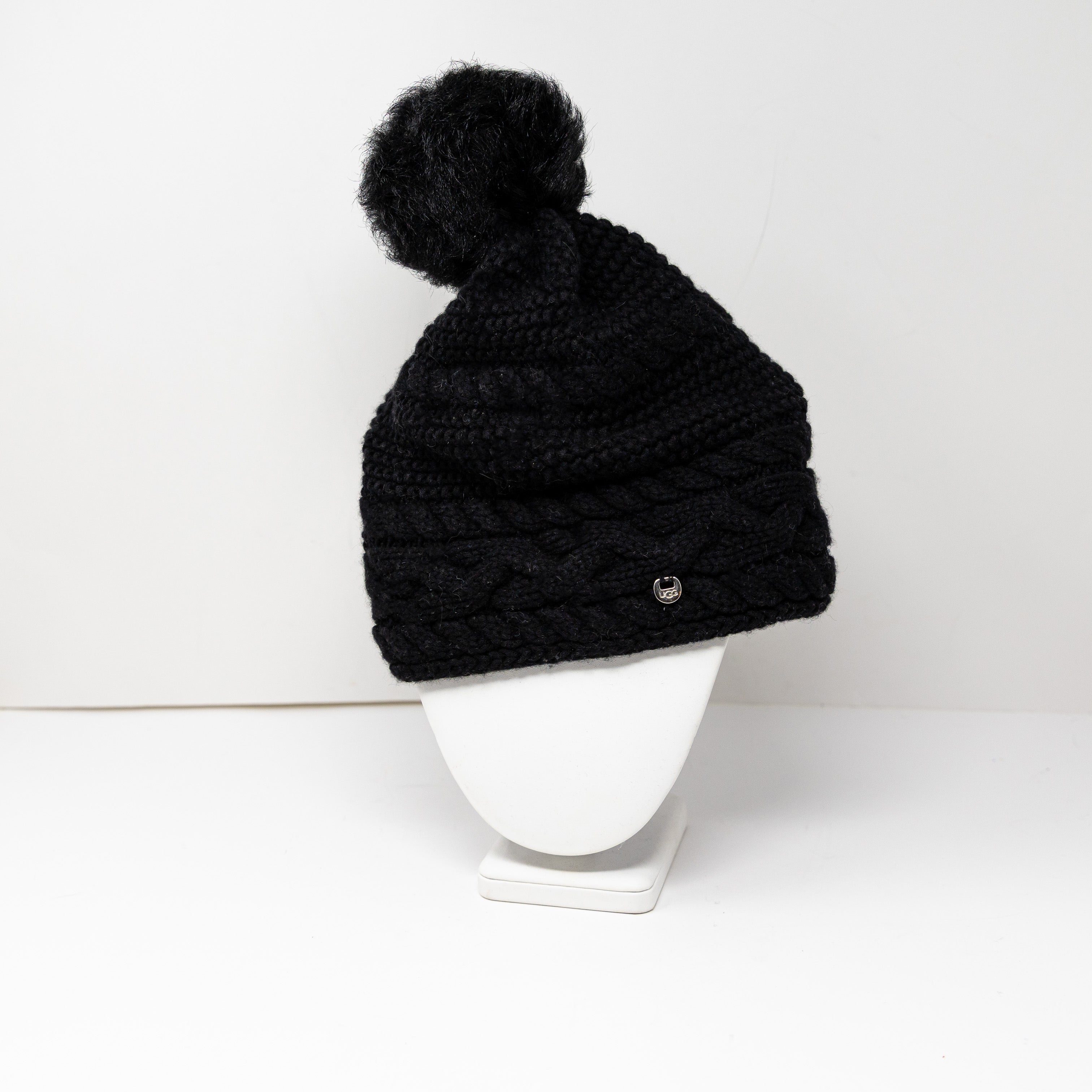 Ugg Wool Blend Chunky Knit Stretch Pom Pom Beanie Hat Black