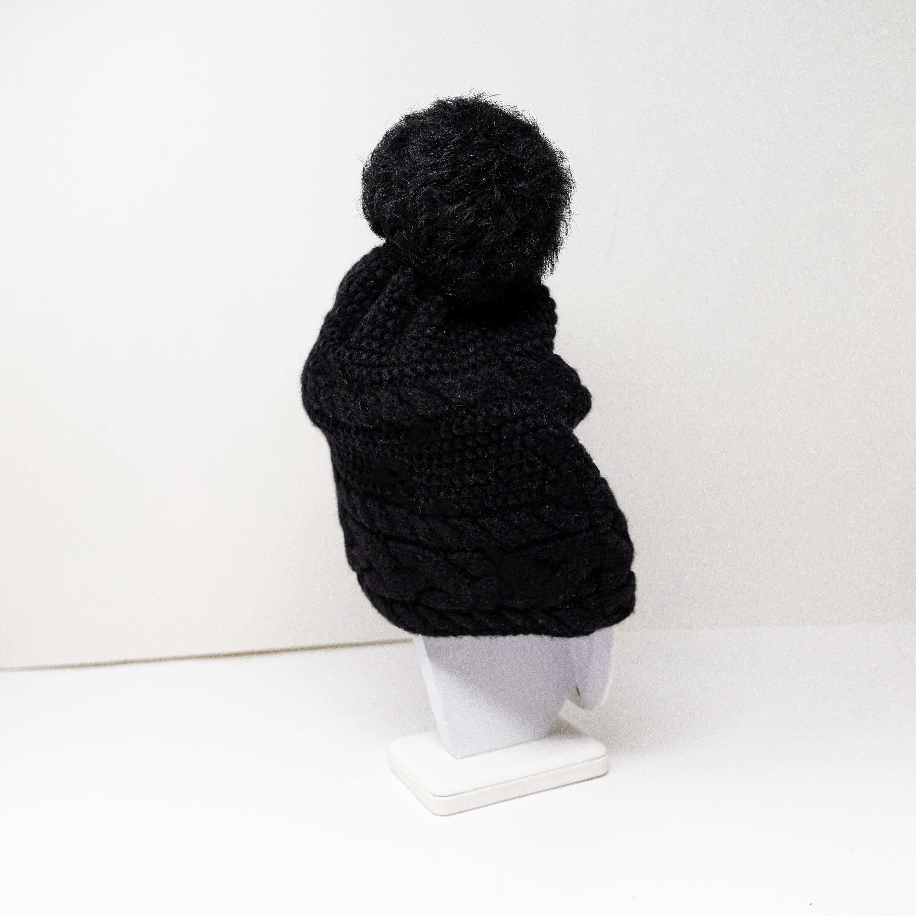 Ugg Wool Blend Chunky Knit Stretch Pom Pom Beanie Hat Black