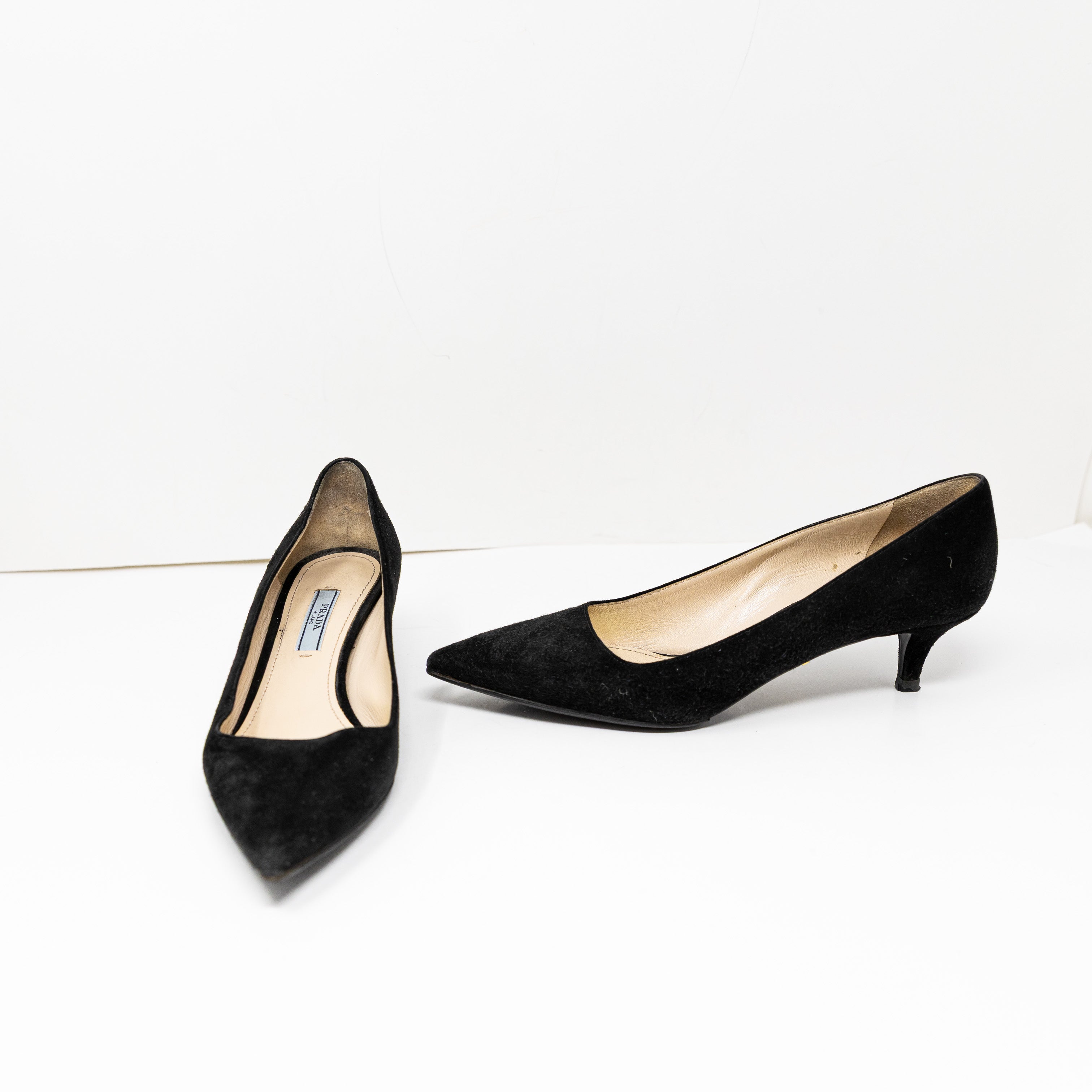 Prada Women's Made In Italy Genuine Suede Pointed Toe Kitten Heel Shoes Black 7