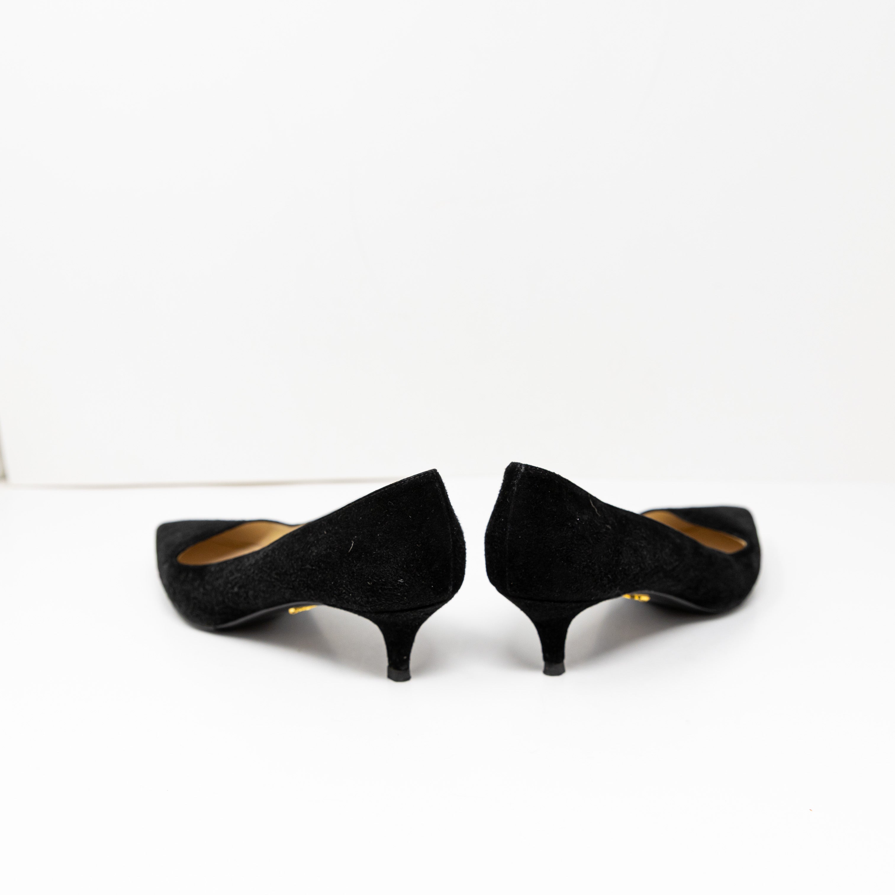 Prada Women's Made In Italy Genuine Suede Pointed Toe Kitten Heel Shoes Black 7