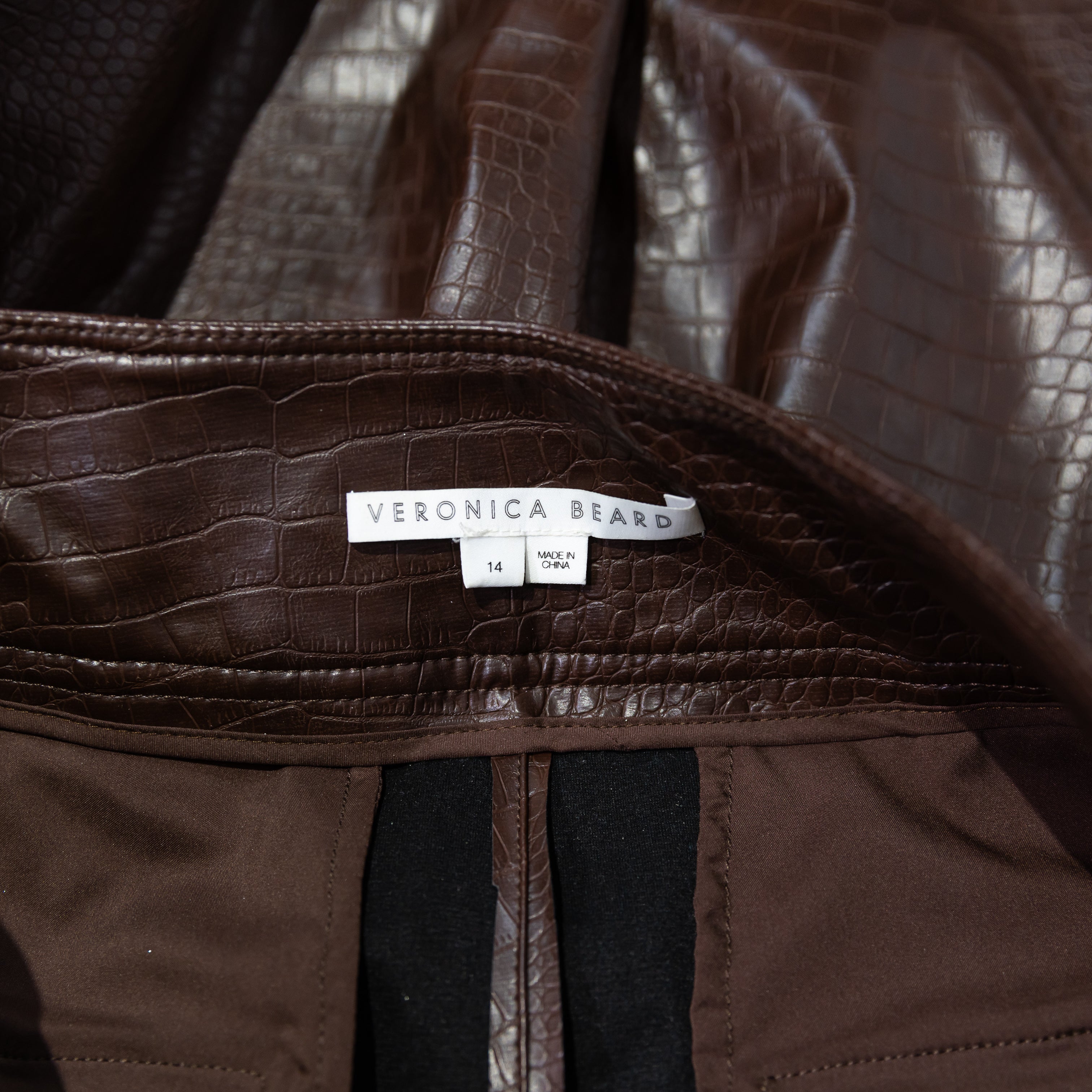 Veronica Beard Carabella Faux Vegan Leather Croc Embossed Trouser Pants Brown 14