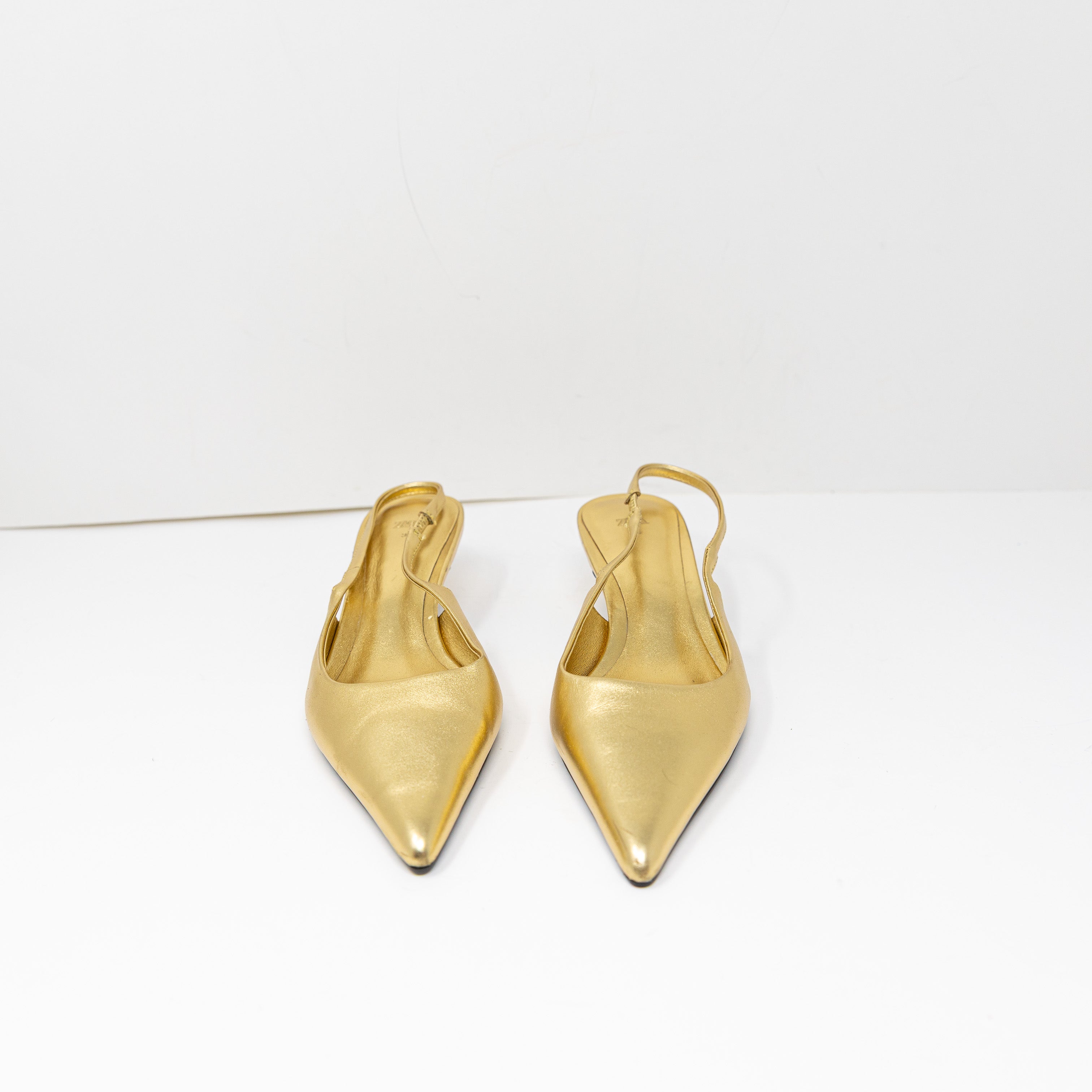 Zara Women's Genuine Leather Pointed Toe Slingback Kitten Heels Shoes Gold 6