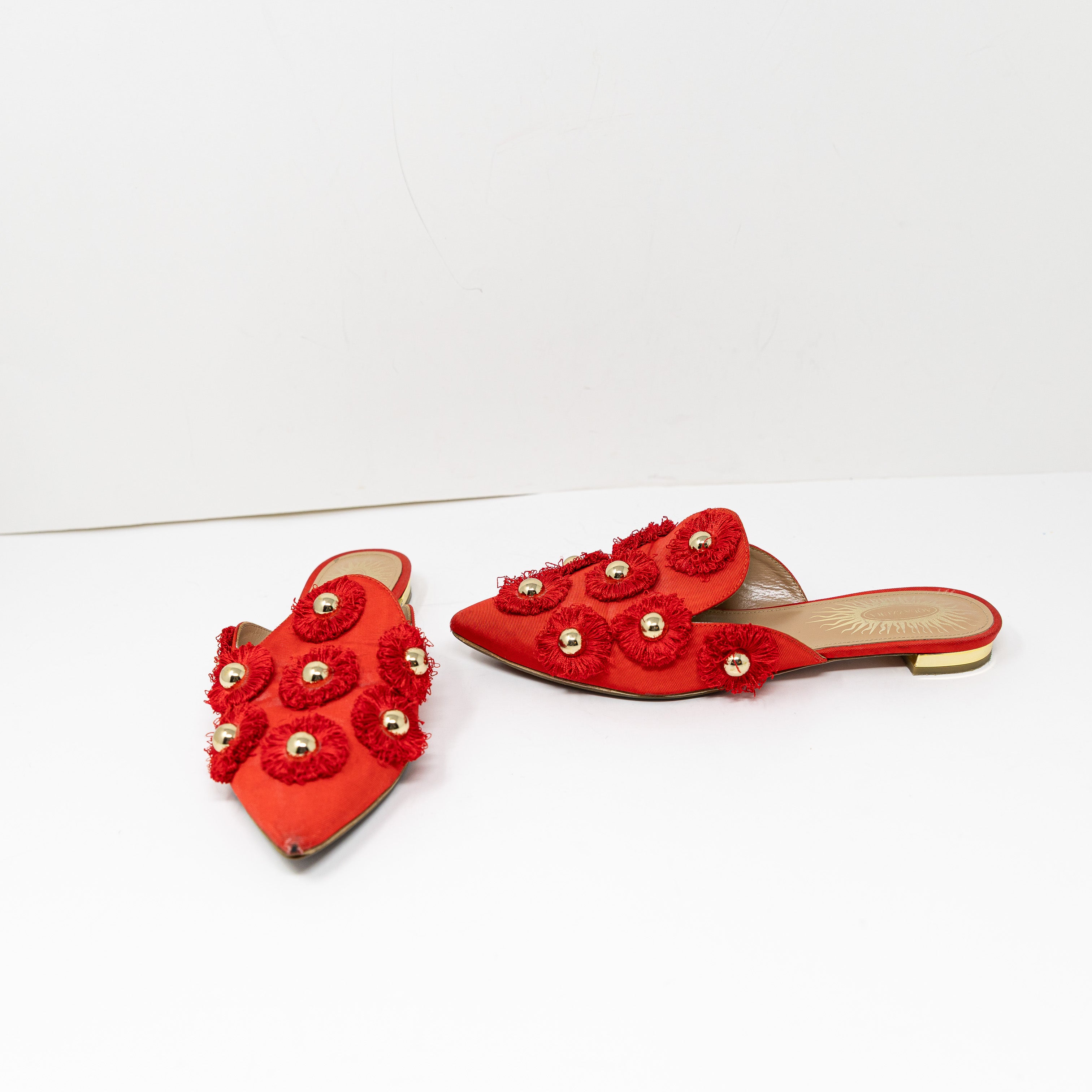 Aquazzura Sunflower Studded Embellished Fringe Pointed Toe Slip On Mules Flats 5