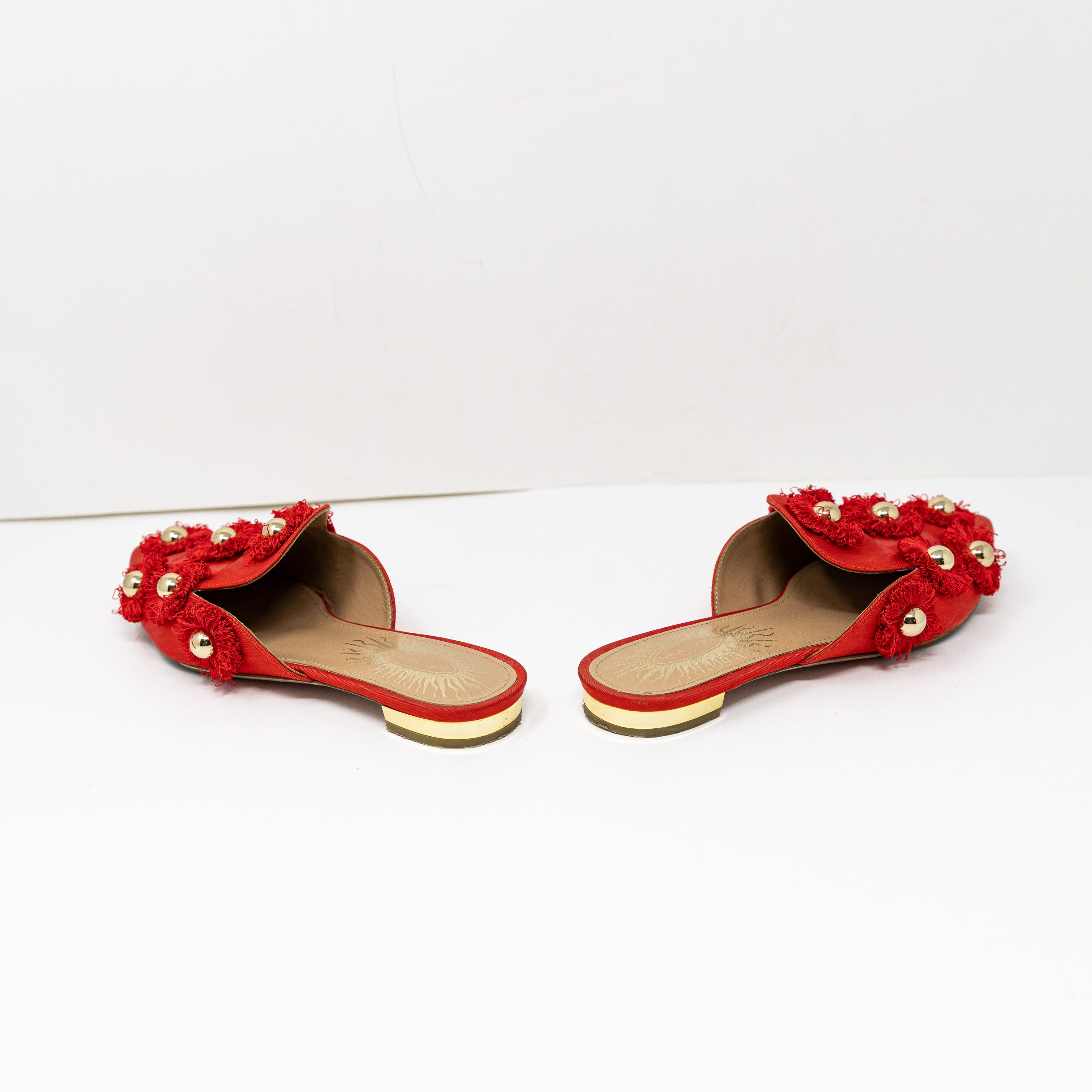 Aquazzura Sunflower Studded Embellished Fringe Pointed Toe Slip On Mules Flats 5