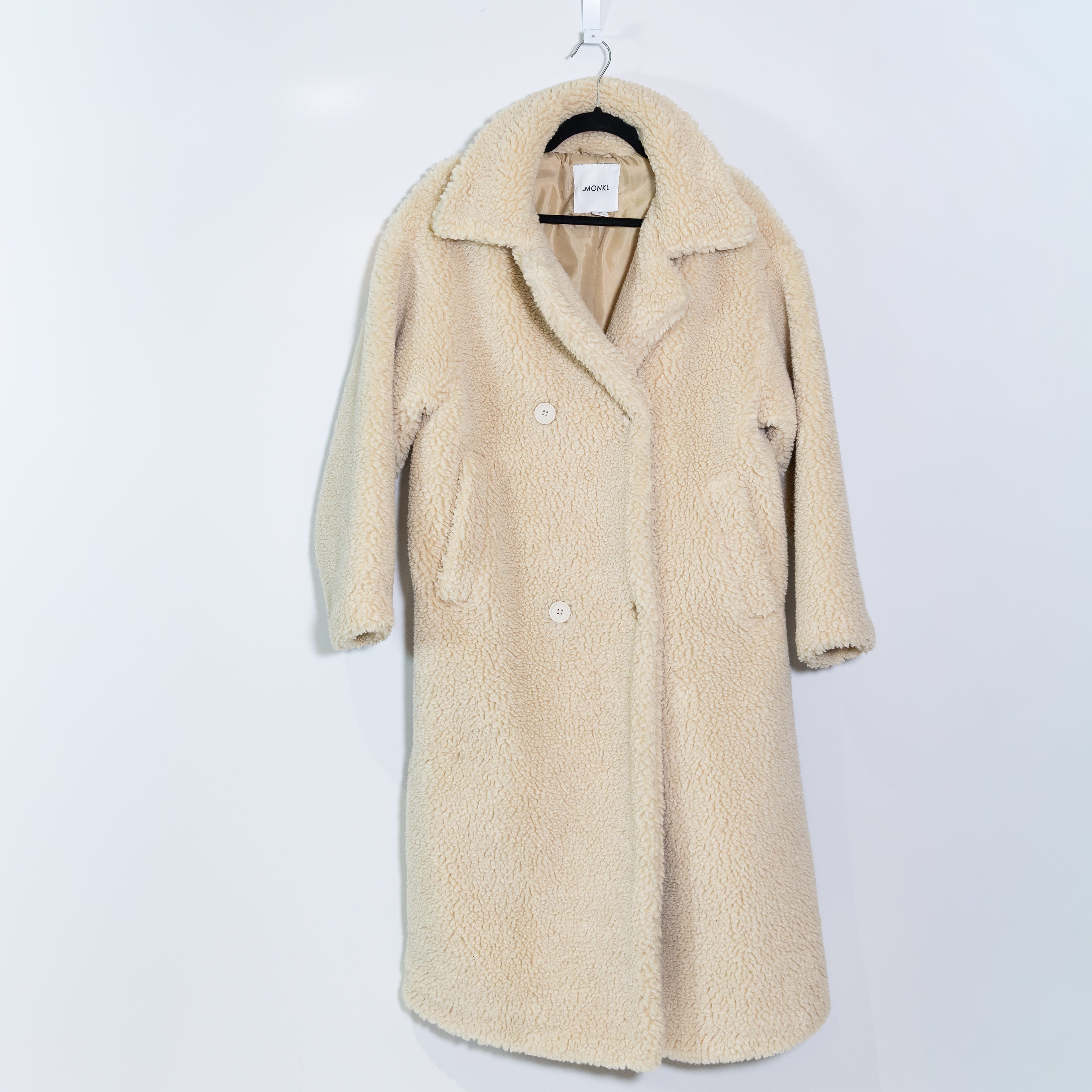 Monki Faux Vegan Fur Shearling Teddy Collared Double Breasted Long Jacket Coat
