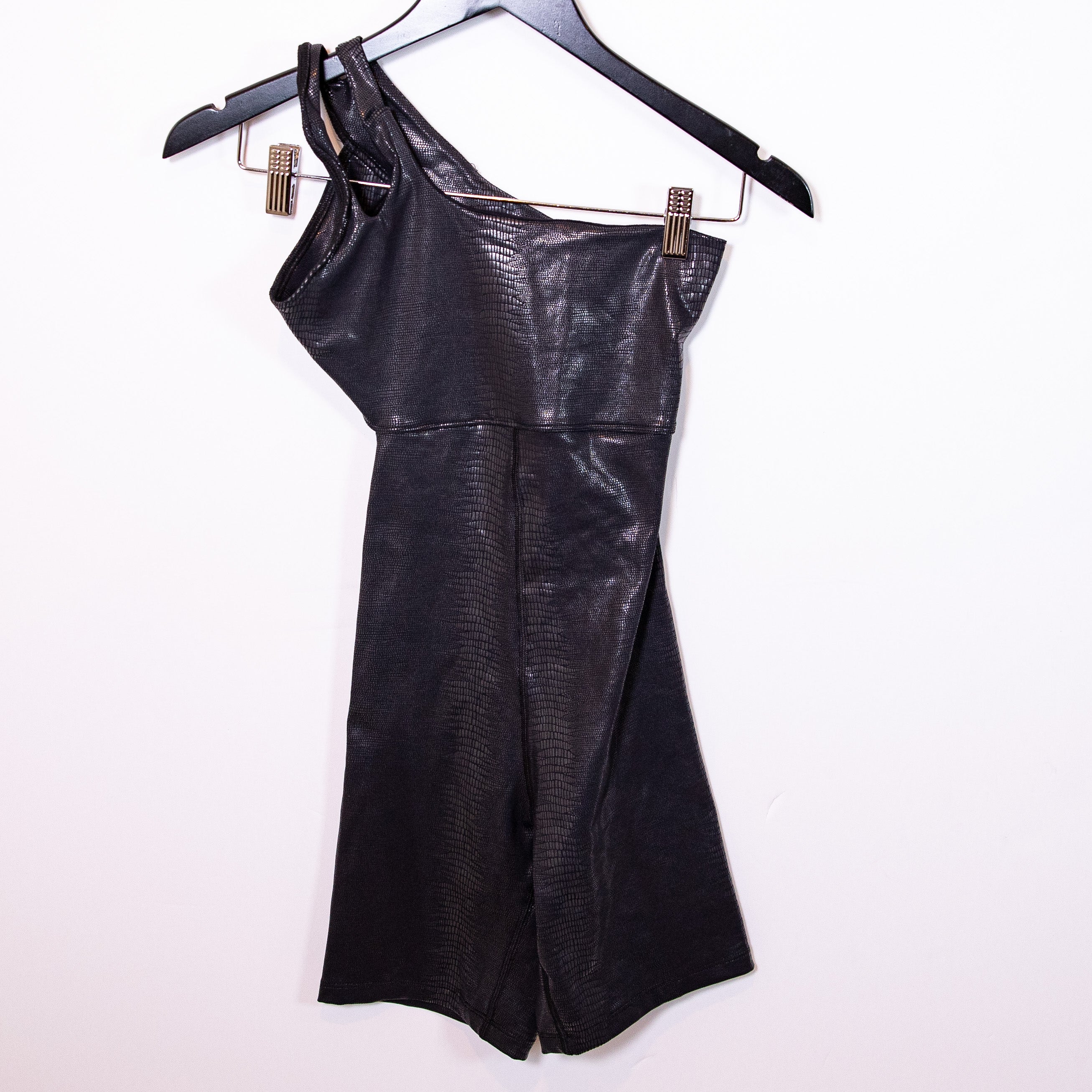 Solely Fit Metallic Croc Pattern Embossed One Shoulder Romper One Piece Black XS