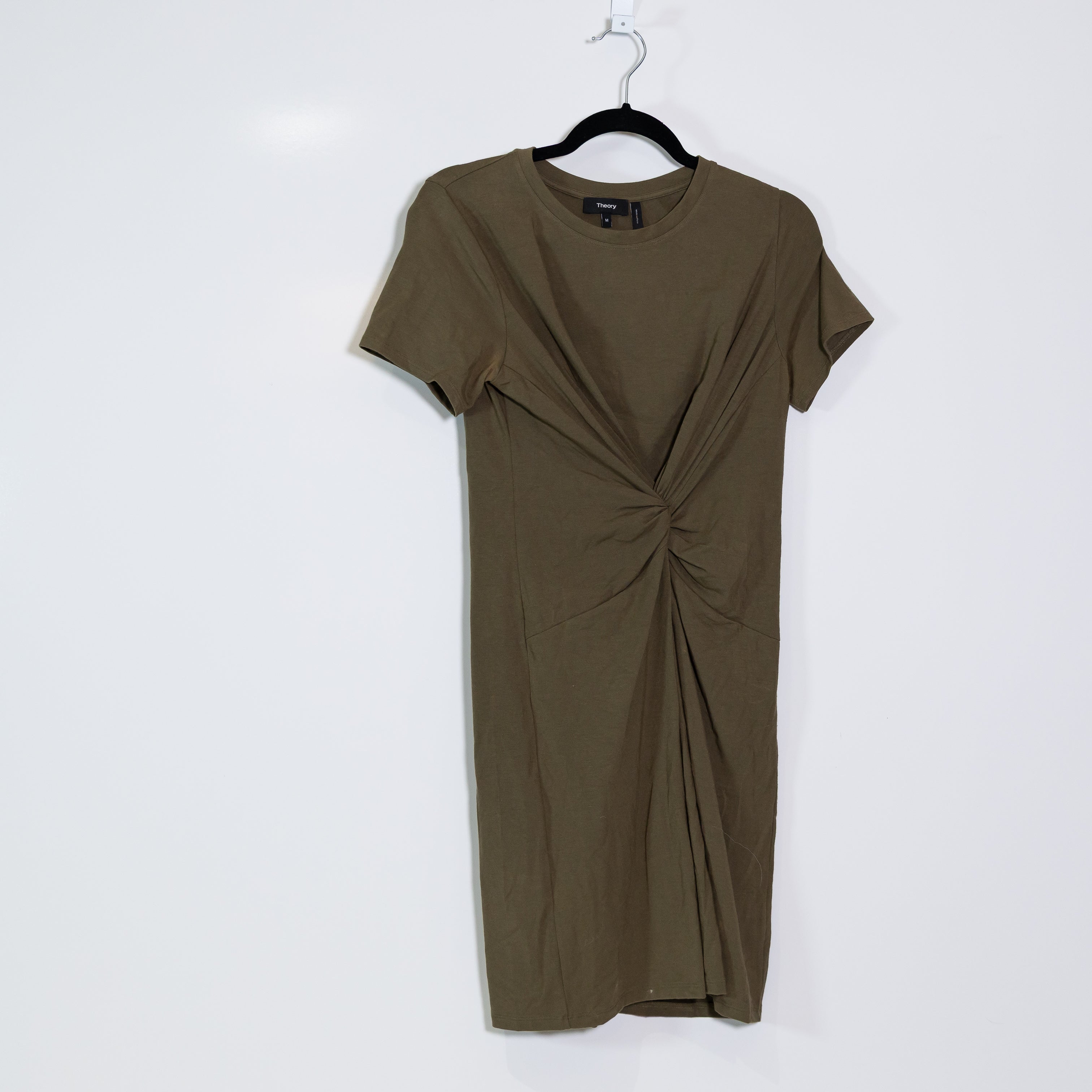 Theory Knot Twist Cotton Stretch Short Sleeve Crew Neck Tee Shirt Dress Green M