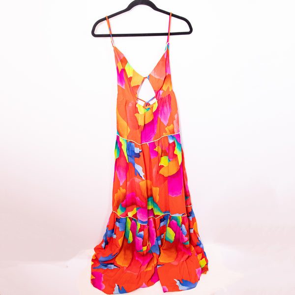 NEW Farm Rio Ombre Chita Red Abstract Print Pattern Cut Out Long Maxi Dress M