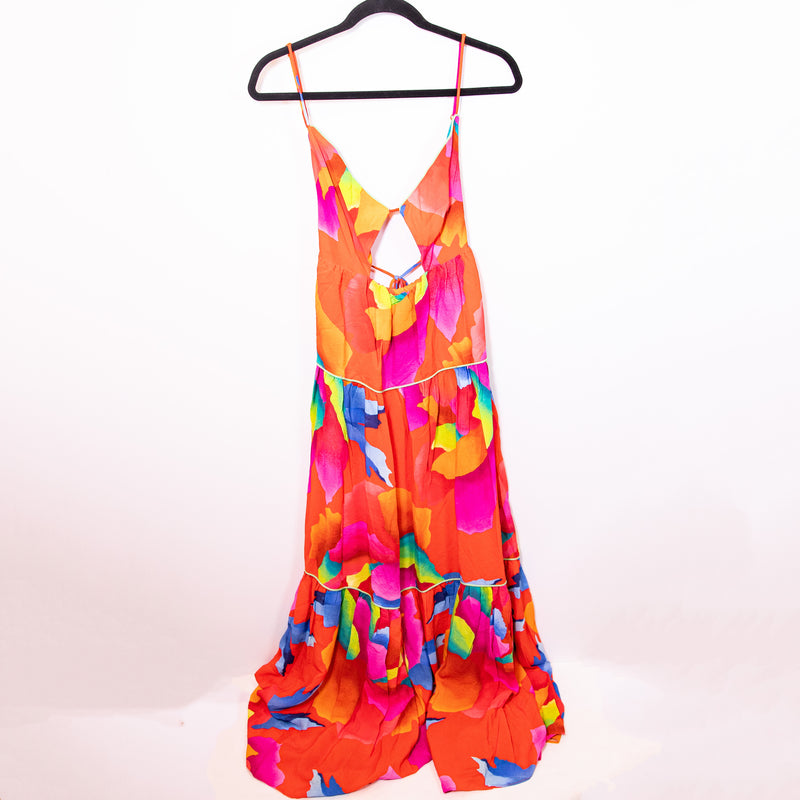 NEW Farm Rio Ombre Chita Red Abstract Print Pattern Cut Out Long Maxi Dress M