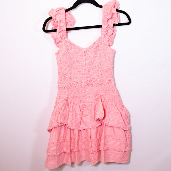 LoveShackFancy Marsinia Cotton Smock Tiered Ruffle Pullover Mini Dress Bubblegum