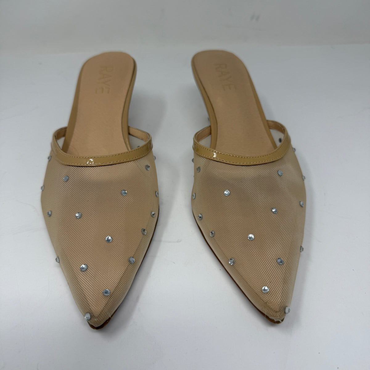 Raye Anastasia Crystal Jewel Rhinestone Sheer Mesh Embellished Mules Heels Beige