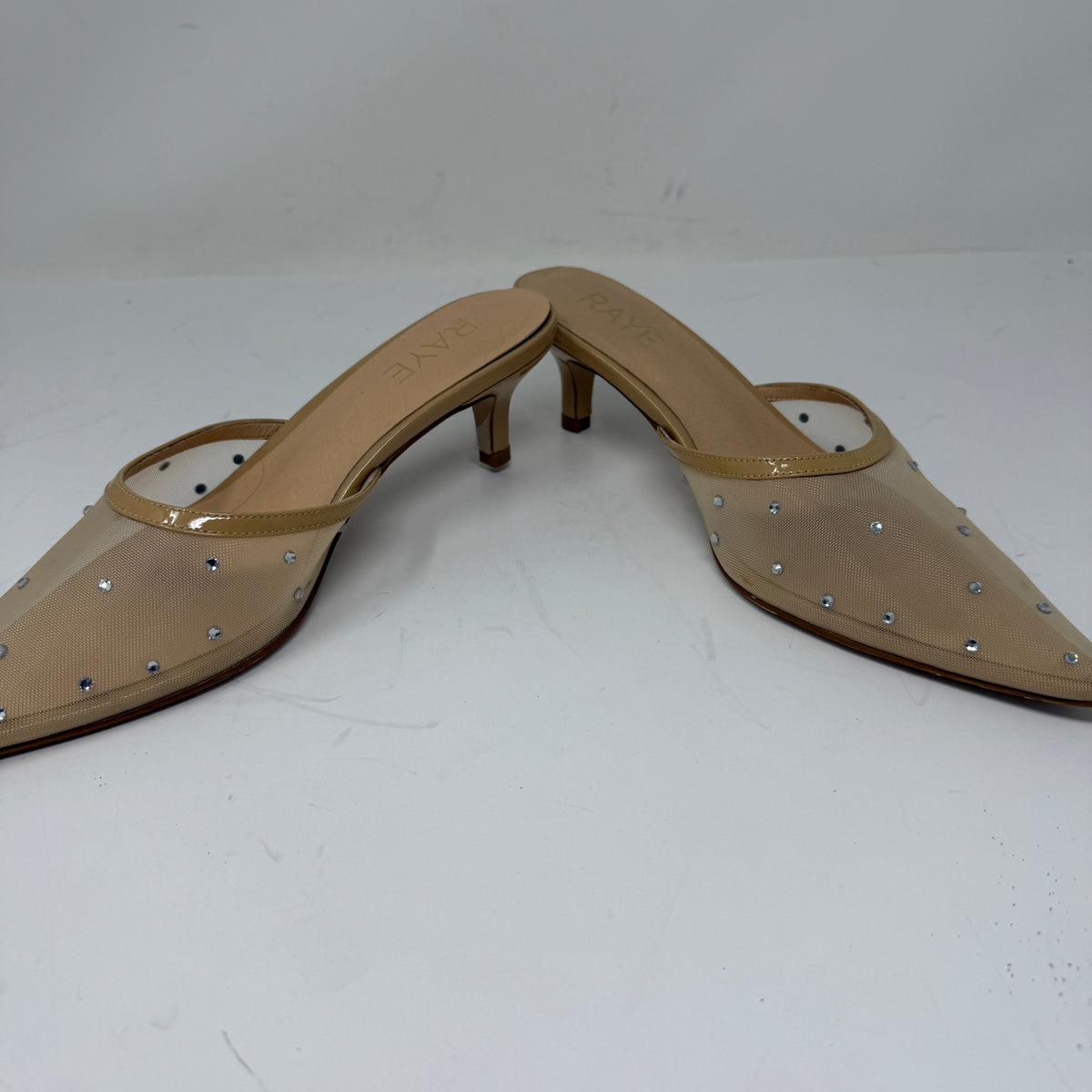 Raye Anastasia Crystal Jewel Rhinestone Sheer Mesh Embellished Mules Heels Beige