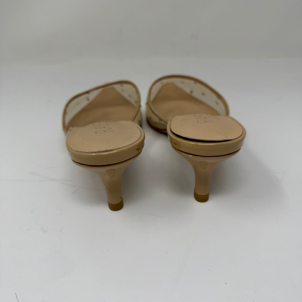 Raye Anastasia Crystal Jewel Rhinestone Sheer Mesh Embellished Mules Heels Beige