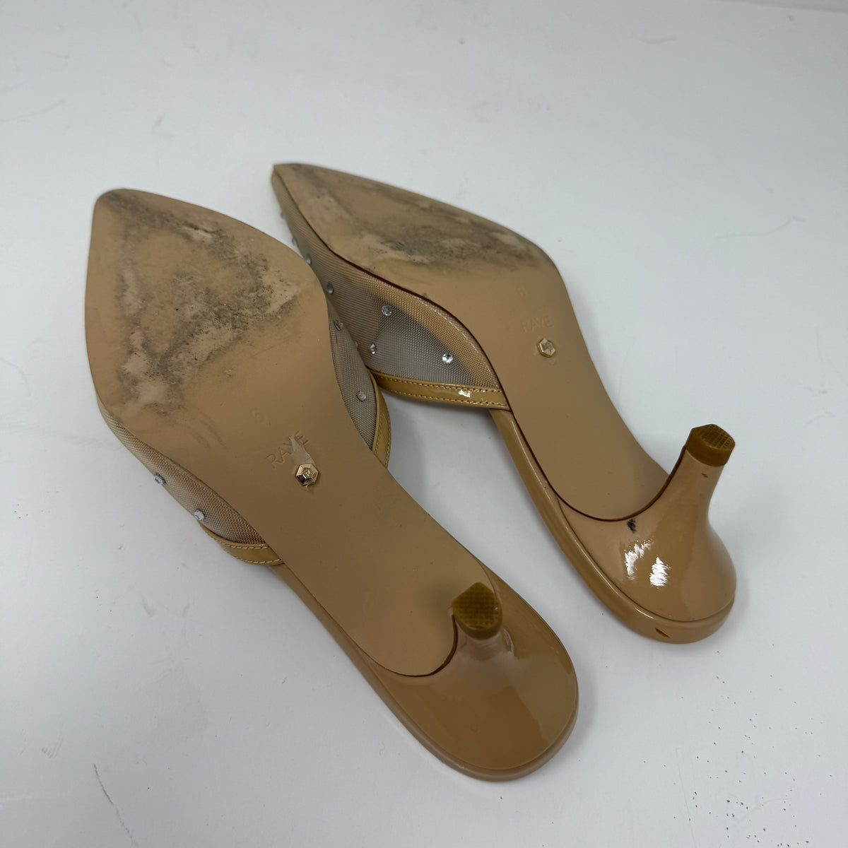 Raye Anastasia Crystal Jewel Rhinestone Sheer Mesh Embellished Mules Heels Beige