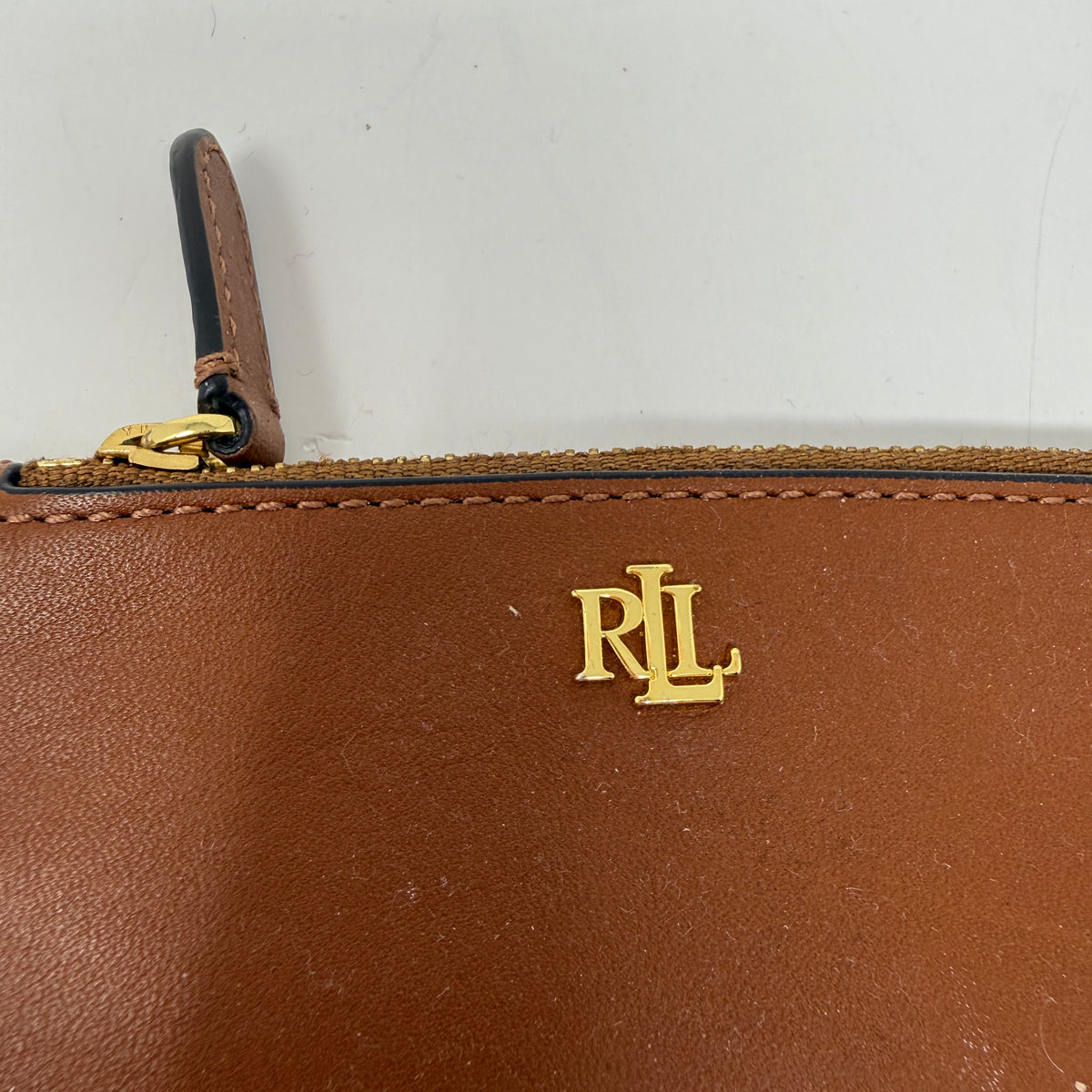 Ralph Lauren Genuine Leather Zip Card Case Wallet Key Chain Tan Brown Gold