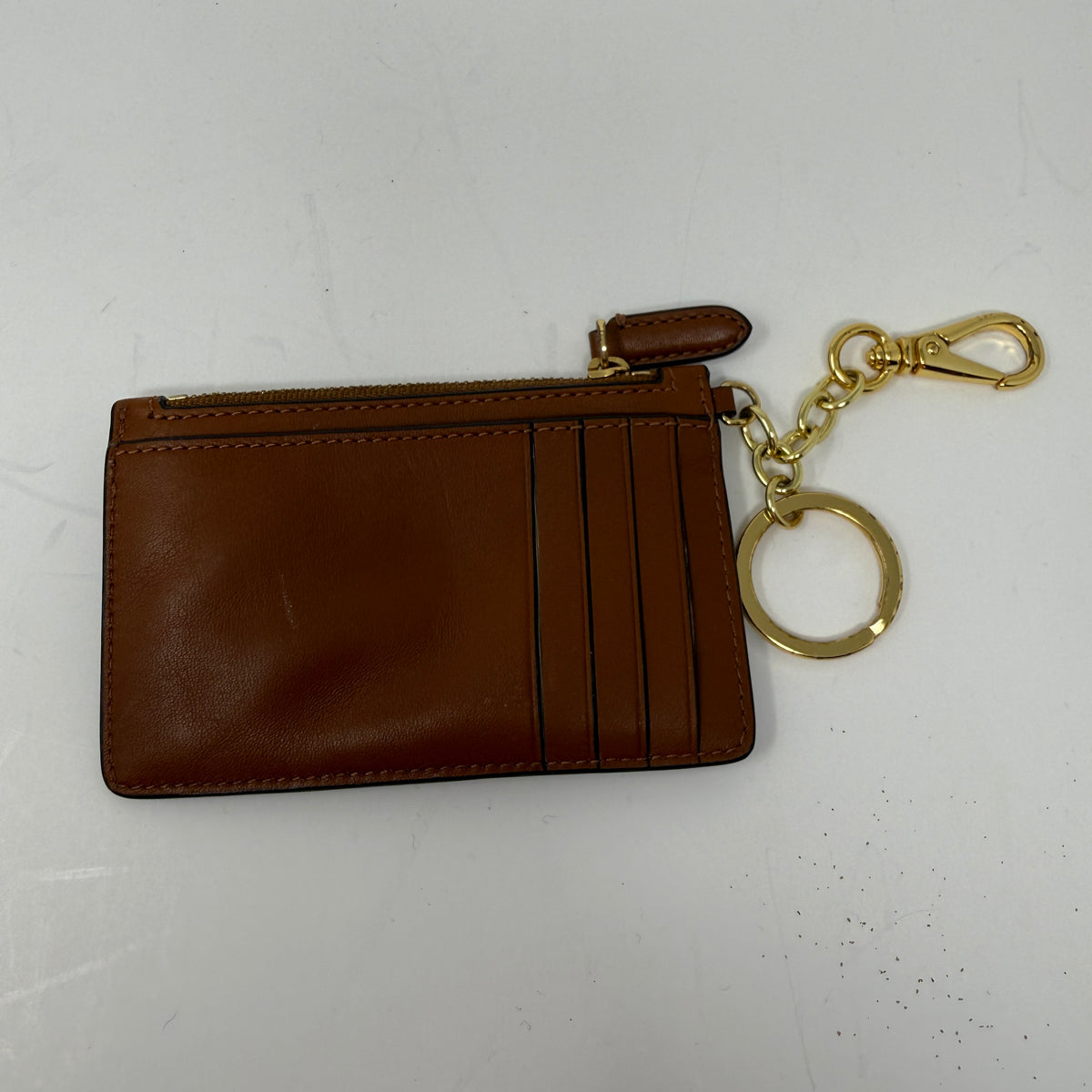 Ralph Lauren Genuine Leather Zip Card Case Wallet Key Chain Tan Brown Gold