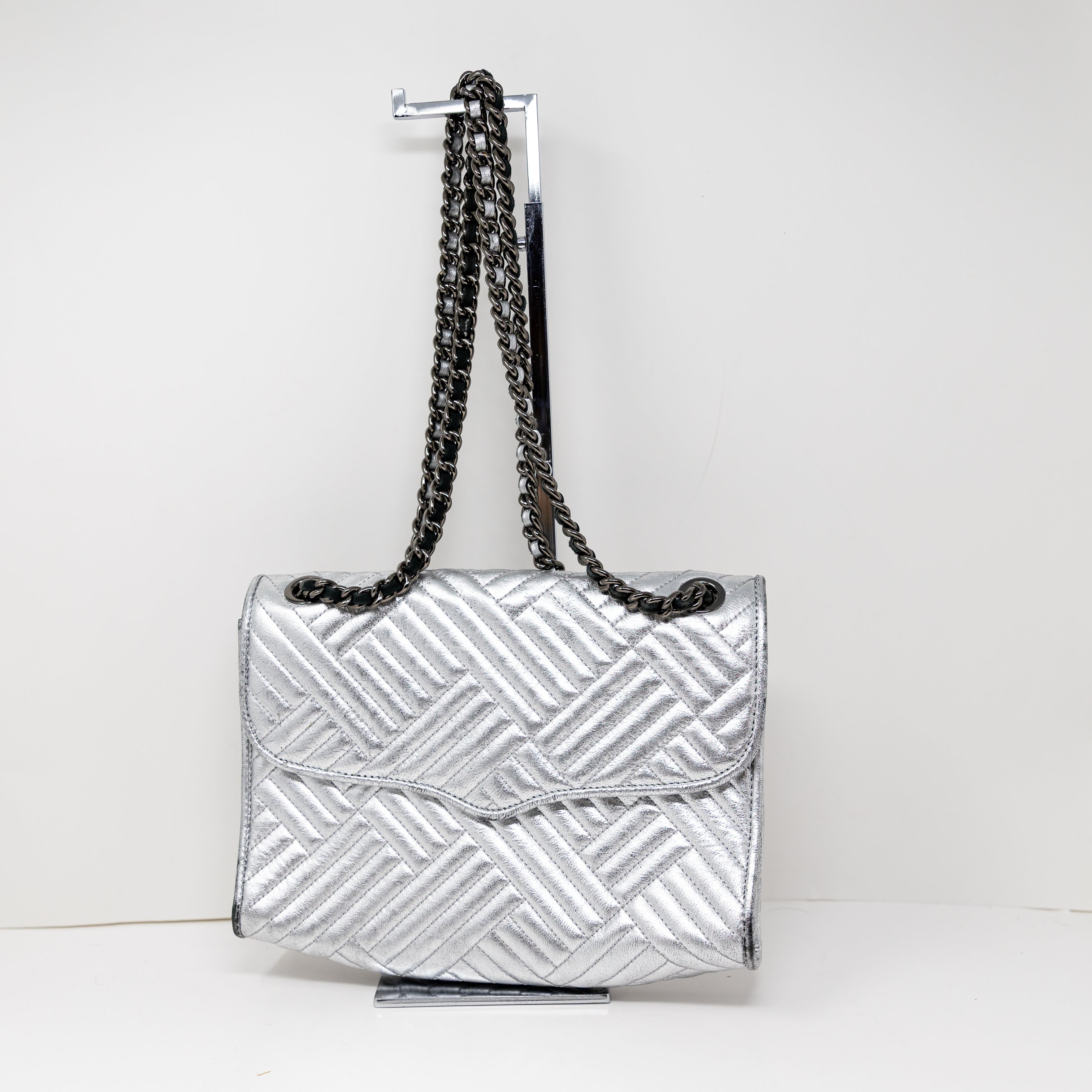 Rebecca Minkoff Affair Genuine Leather Quilted Hatch Shoulder Purse Bag Silver