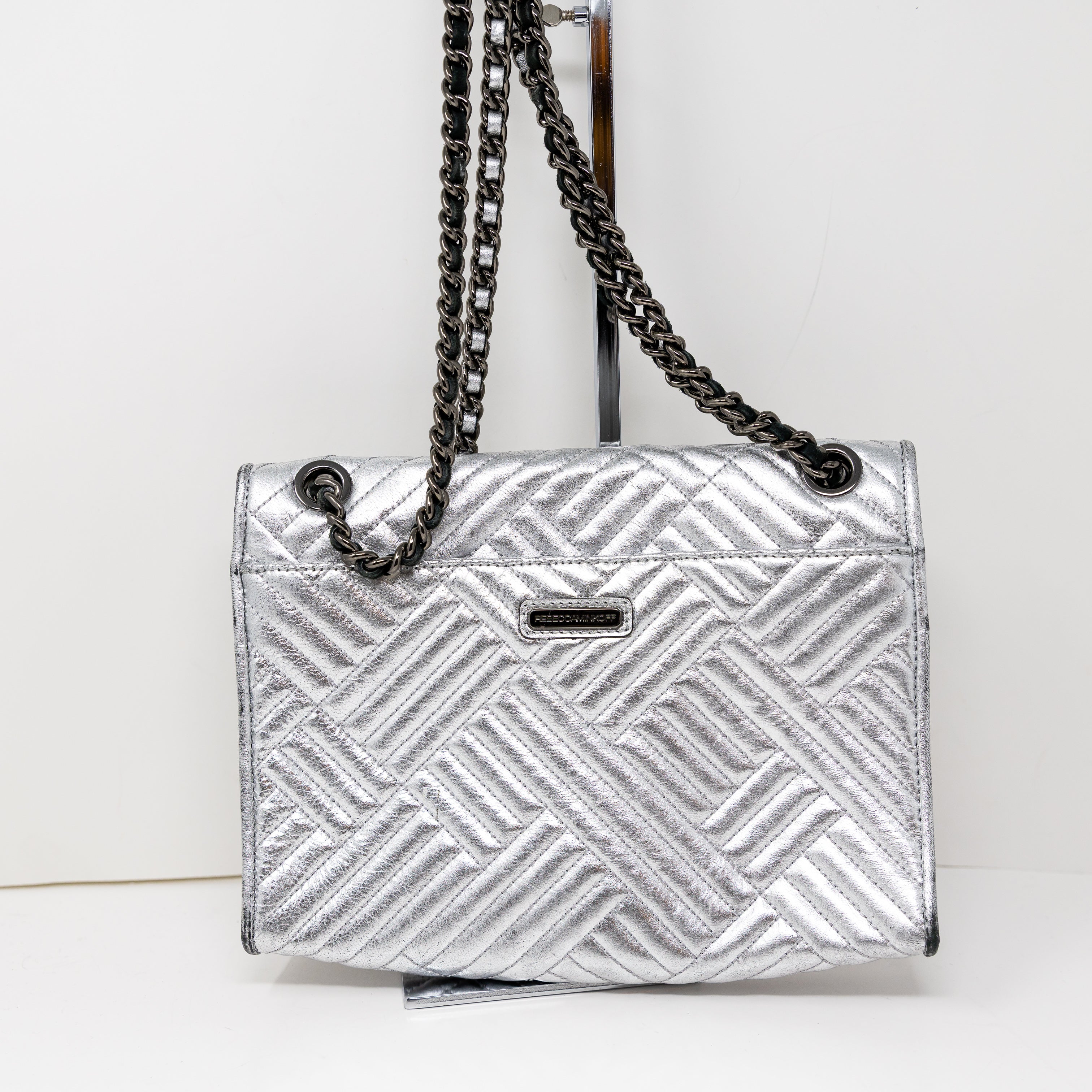 Rebecca Minkoff Affair Genuine Leather Quilted Hatch Shoulder Purse Bag Silver