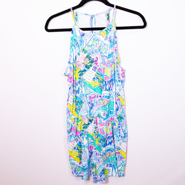 Lilly Pulitzer Dayley Stretch Tank Mini Romper Multi Popup Wish You Were Here XS