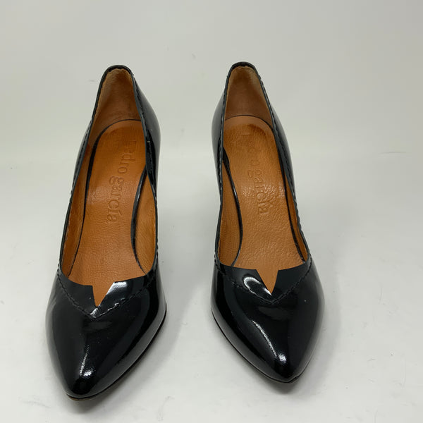Pedro Garcia Black Patent Leather Sculptural Metal High Heel Stiletto Shoes 10