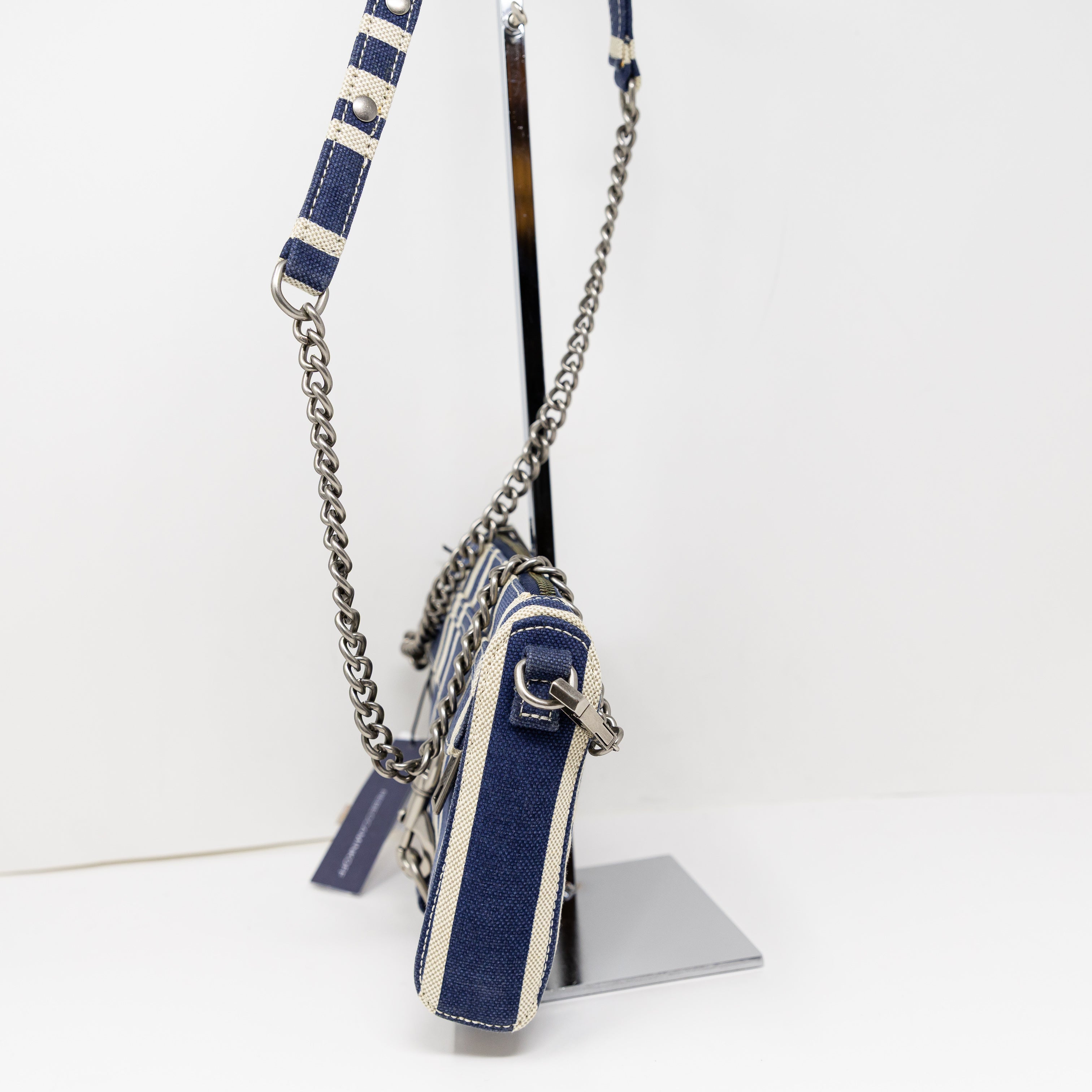 NEW Rebecca Minkoff Mini MAC Navy Blue White Stripe Print Canvas Crossbody Purse