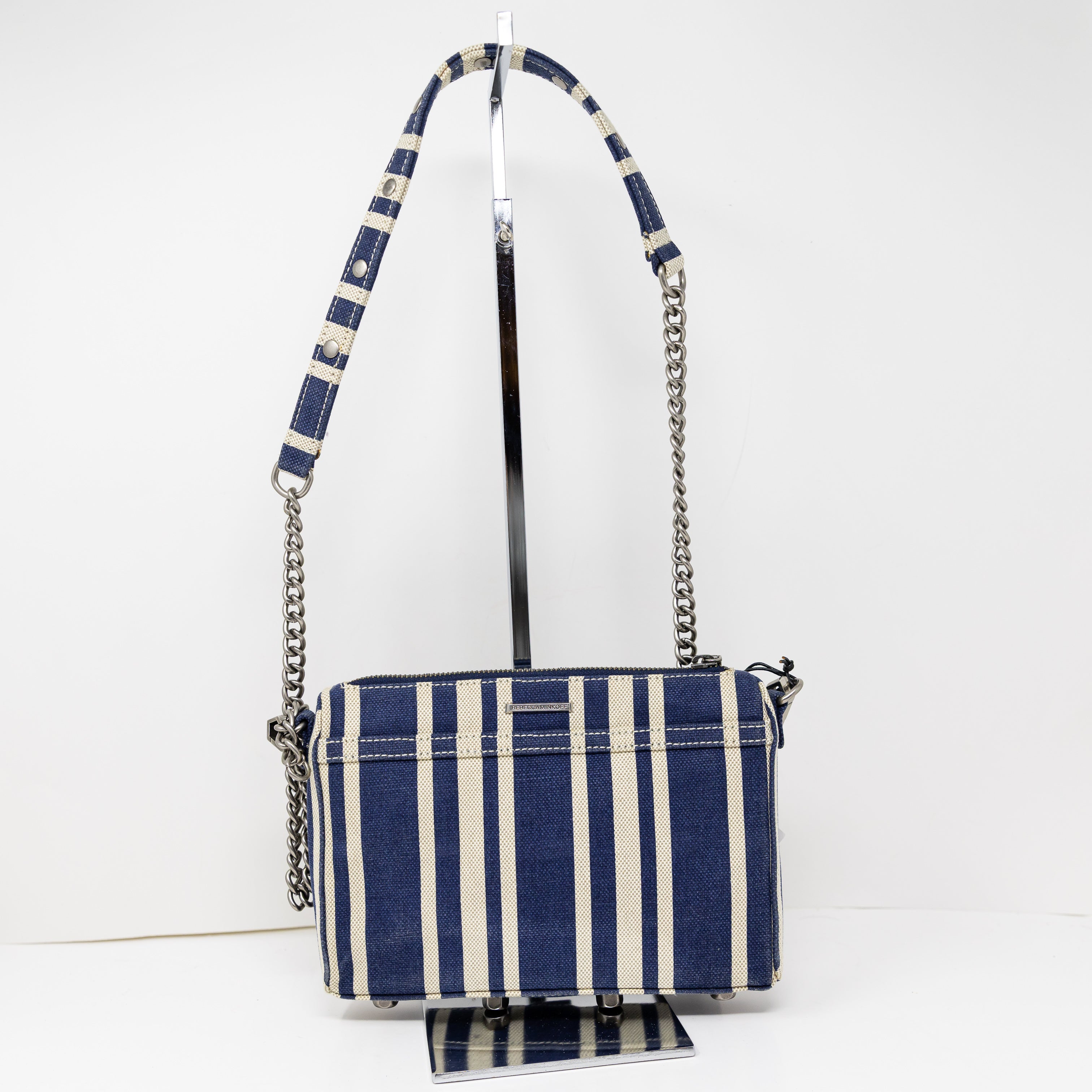 NEW Rebecca Minkoff Mini MAC Navy Blue White Stripe Print Canvas Crossbody Purse