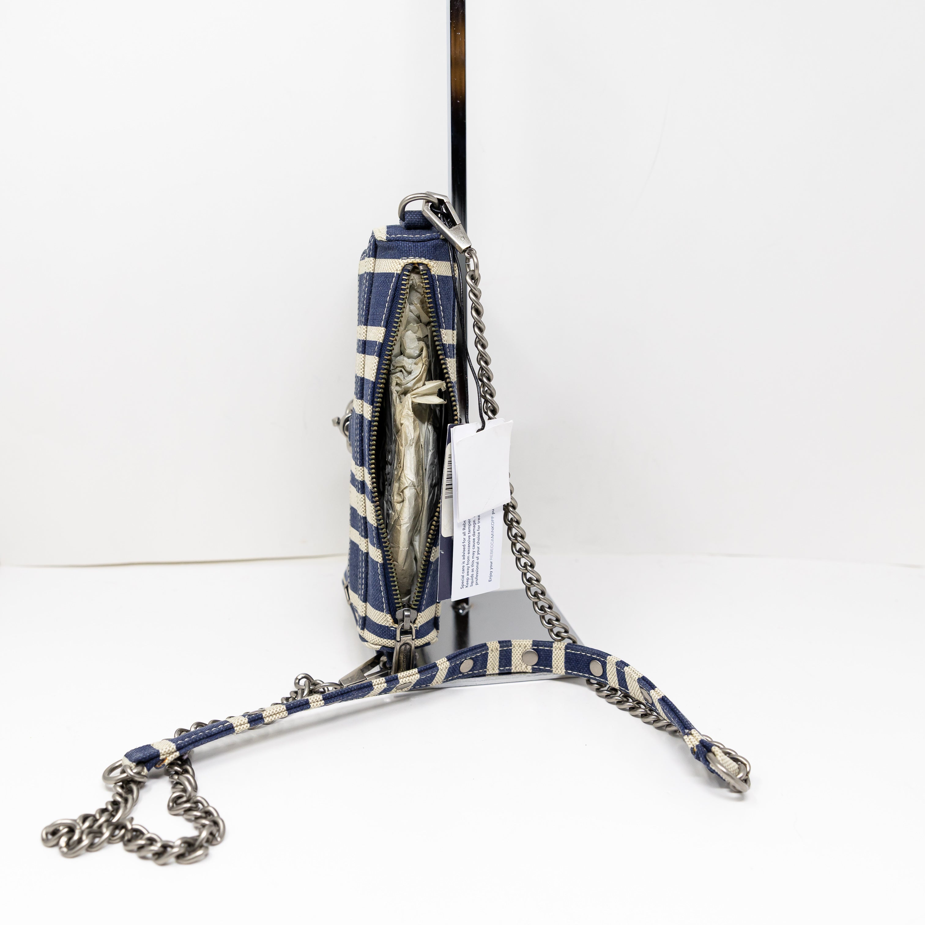 NEW Rebecca Minkoff Mini MAC Navy Blue White Stripe Print Canvas Crossbody Purse