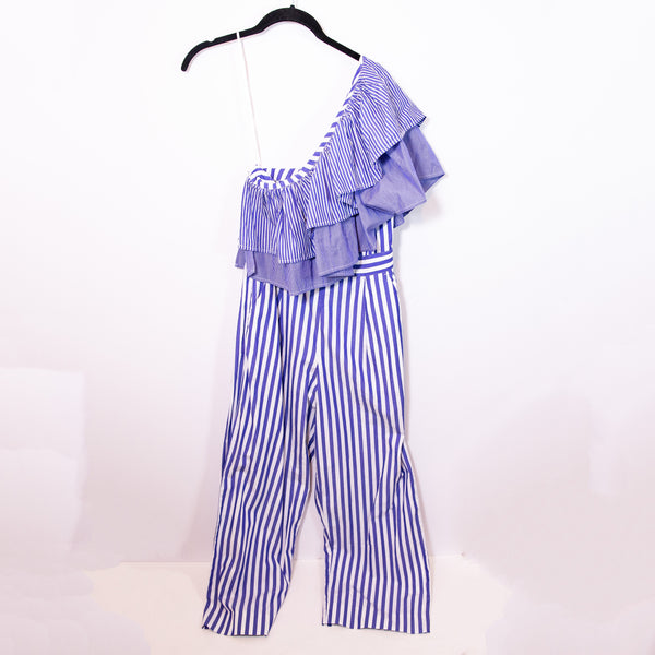 NEW J. Crew One Shoulder Ruffle Cotton Poplin Full Length Jumpsuit Mixed Stripe