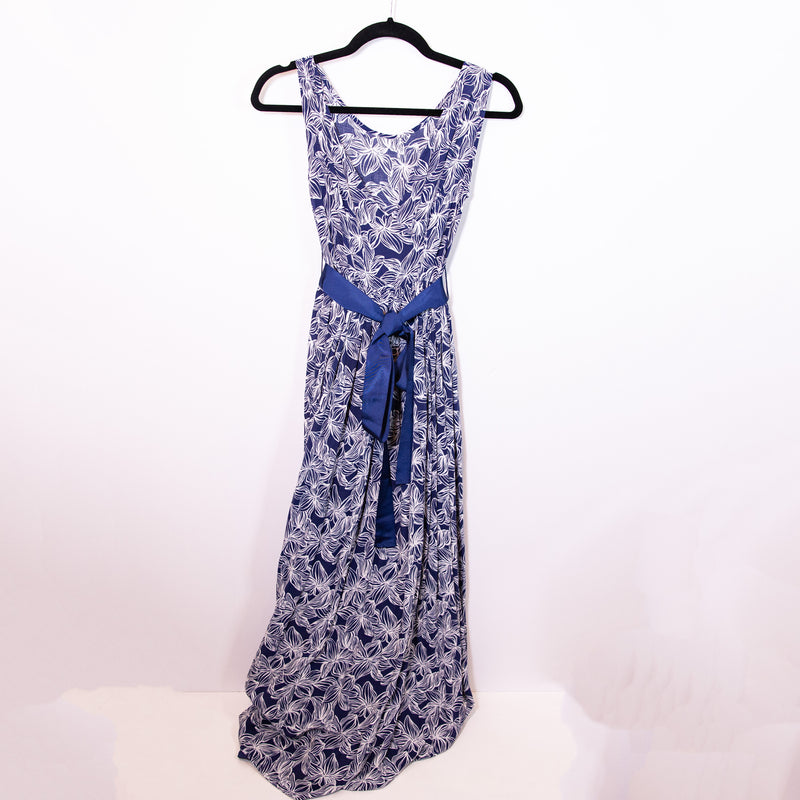 Vineyard Vines Plumeria Print V Neck Sleeveless Pullover Maxi Dress Navy Blue 0