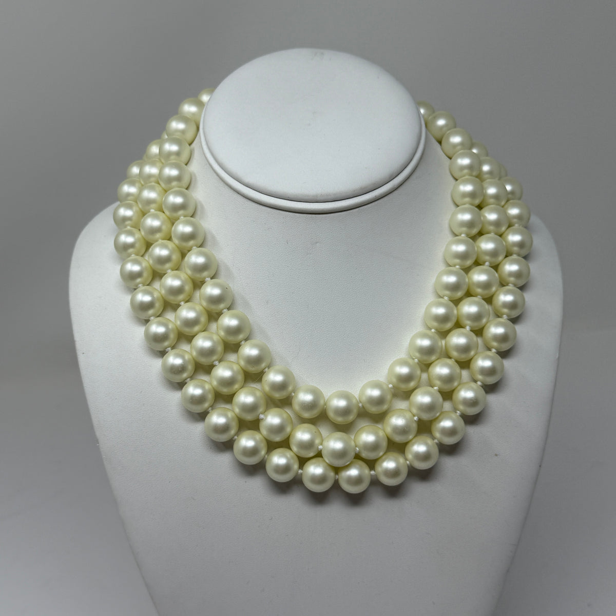 Kenneth Jay Lane 3 Row Glass Pearl Bead Necklace Pave Crystal Rhinestone Clasp