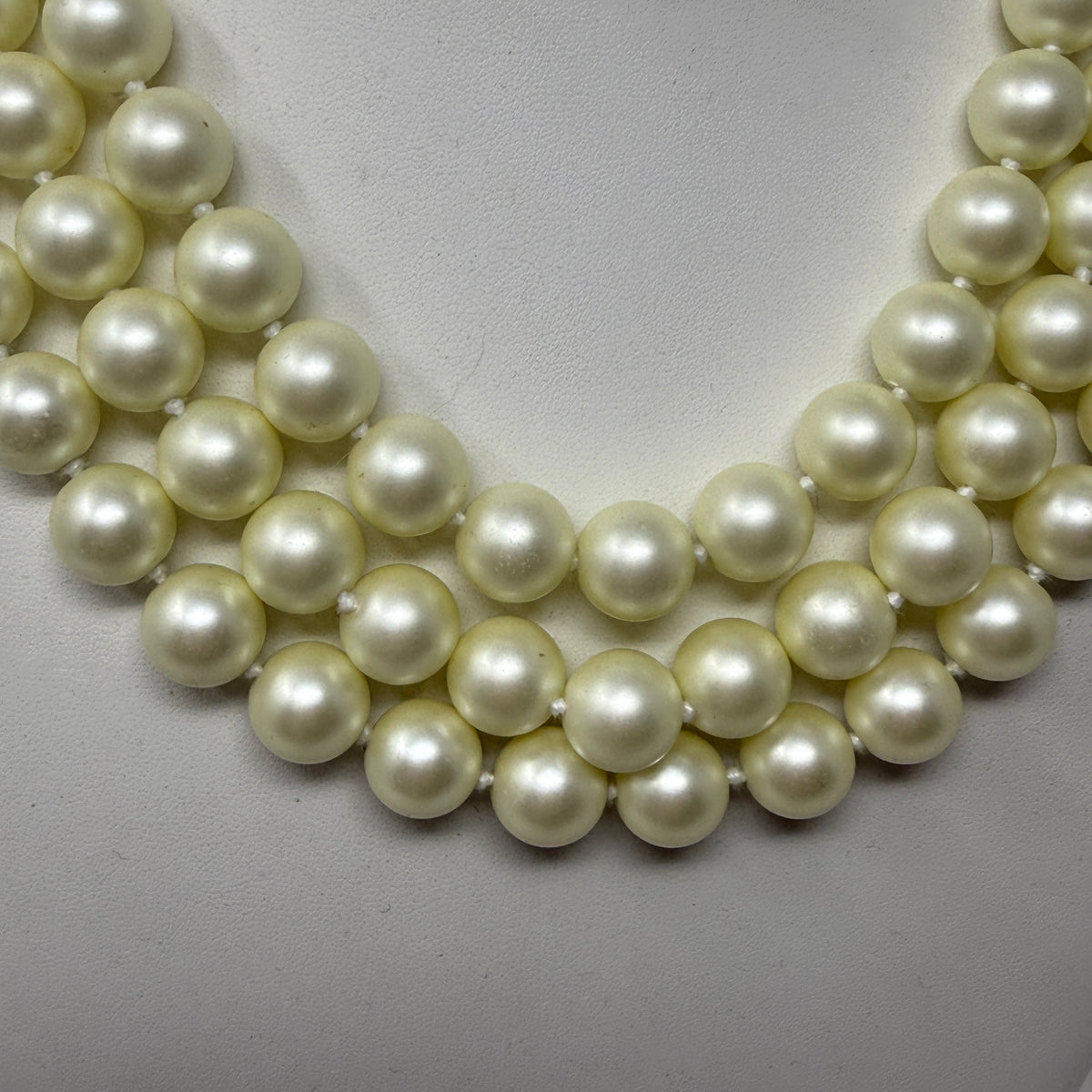 Kenneth Jay Lane 3 Row Glass Pearl Bead Necklace Pave Crystal Rhinestone Clasp
