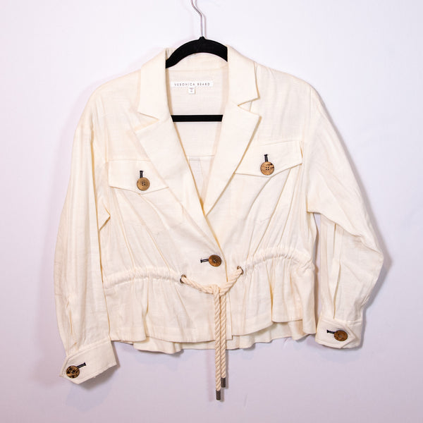 Veronica Beard Magni One Button Linen Blend Jacket With Drawcord Waist Ivory XS