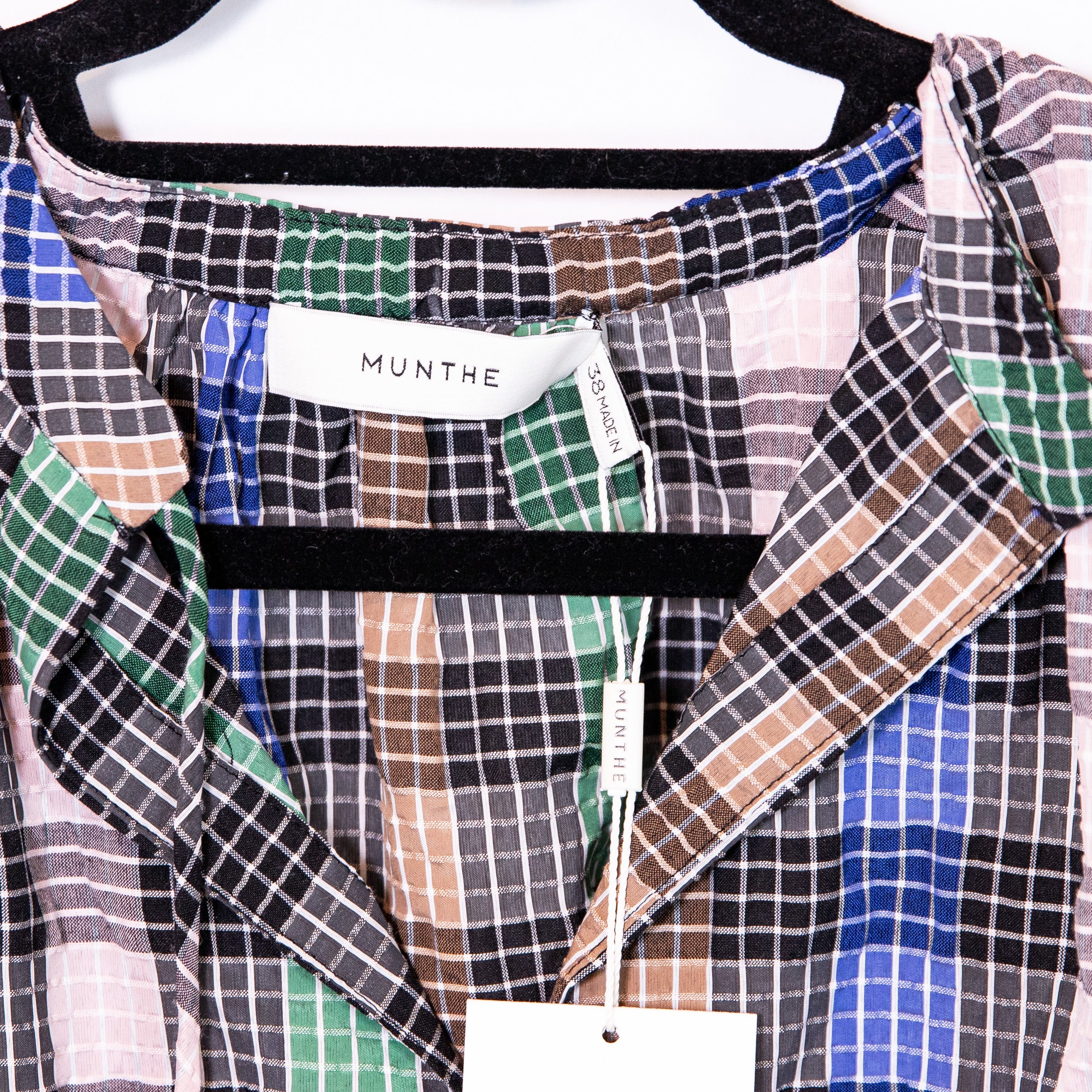 NEW Munthe Varrel Organic Cotton Multi Check Plaid Tassel Tie Blouse Shirt Top