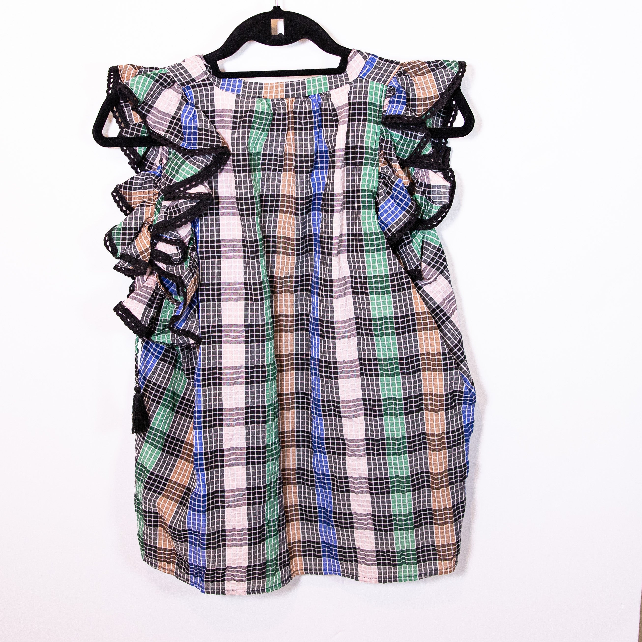 NEW Munthe Varrel Organic Cotton Multi Check Plaid Tassel Tie Blouse Shirt Top
