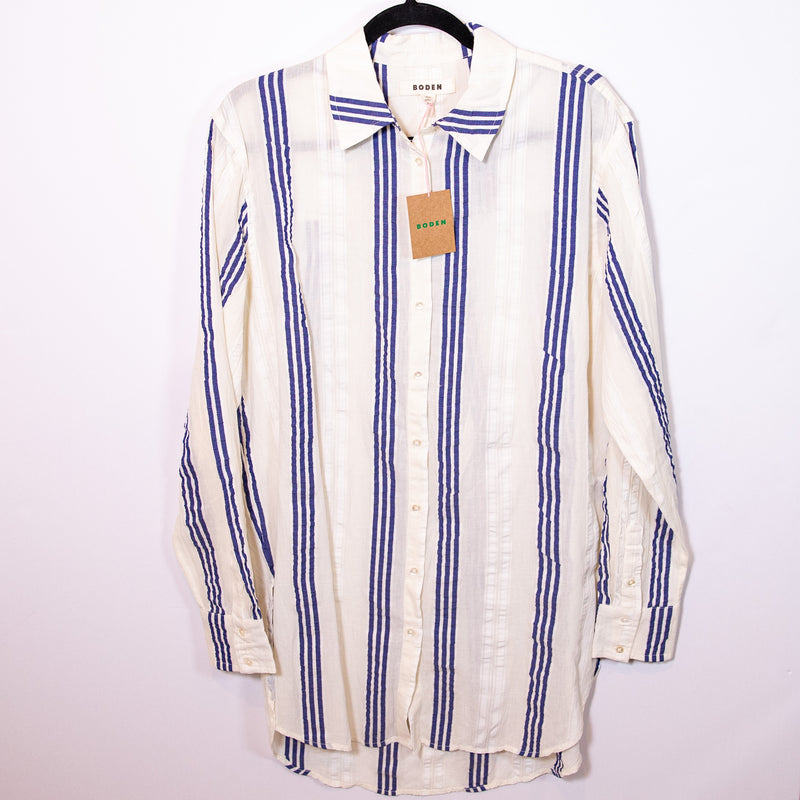 NEW Boden Cotton Textured Button Up Collared Longline Stripe Print Blouse Shirt