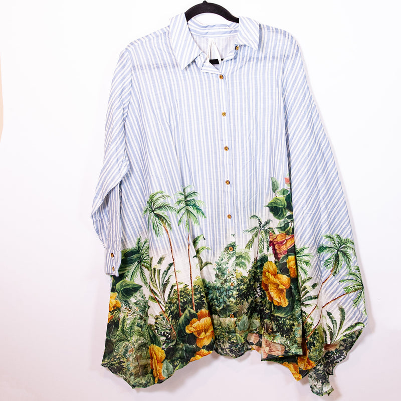 NEW Anthropologie Landscape Palm Tree Stripe Printed Buttondown Cotton Shirt Top