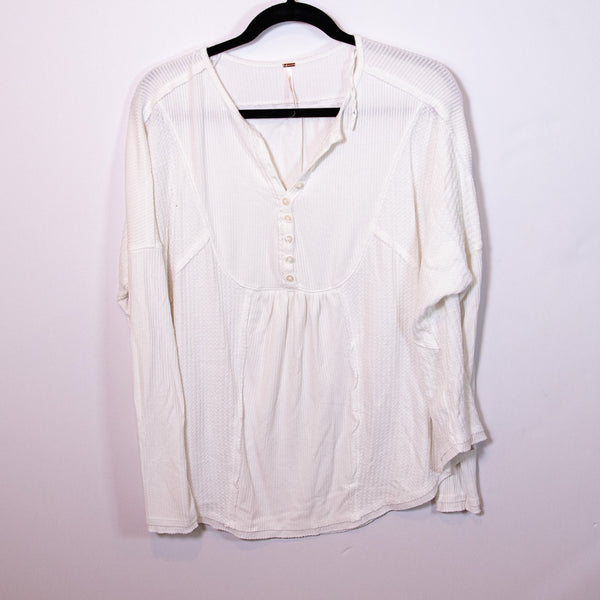 Free People Leon Henley Button Neck Ribbed Knit Long Sleeve Tee Shirt White S