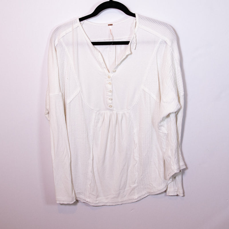 Free People Leon Henley Button Neck Ribbed Knit Long Sleeve Tee Shirt White S