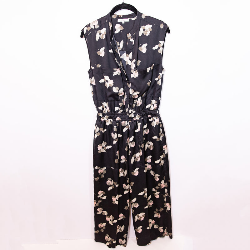 Vince Sleeveless V Neck Pocket Front Satin Floral Flower Print Pattern Jumpsuit