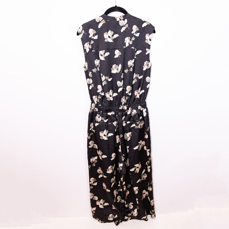 Vince Sleeveless V Neck Pocket Front Satin Floral Flower Print Pattern Jumpsuit