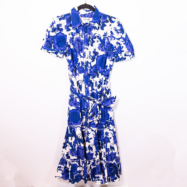 Diane Von Furstenberg Queena Cotton Poplin Blue Floral Collar Belted Shirt Dress