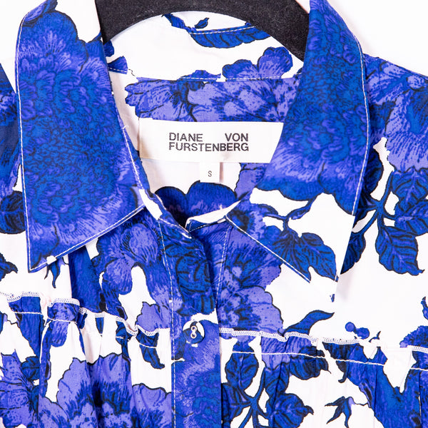 Diane Von Furstenberg Queena Cotton Poplin Blue Floral Collar Belted Shirt Dress