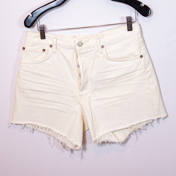 Agolde Denim Reese Relaxed Cut Off Raw Edge Hem High Rise Jean Shorts Tissue 28