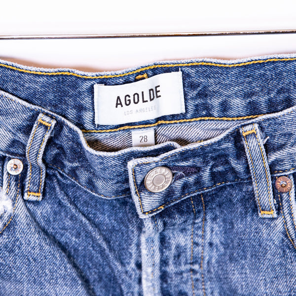 Agolde Denim Reese Cotton High Rise Frayed Raw Edge Hem Jean Shorts Precision 28