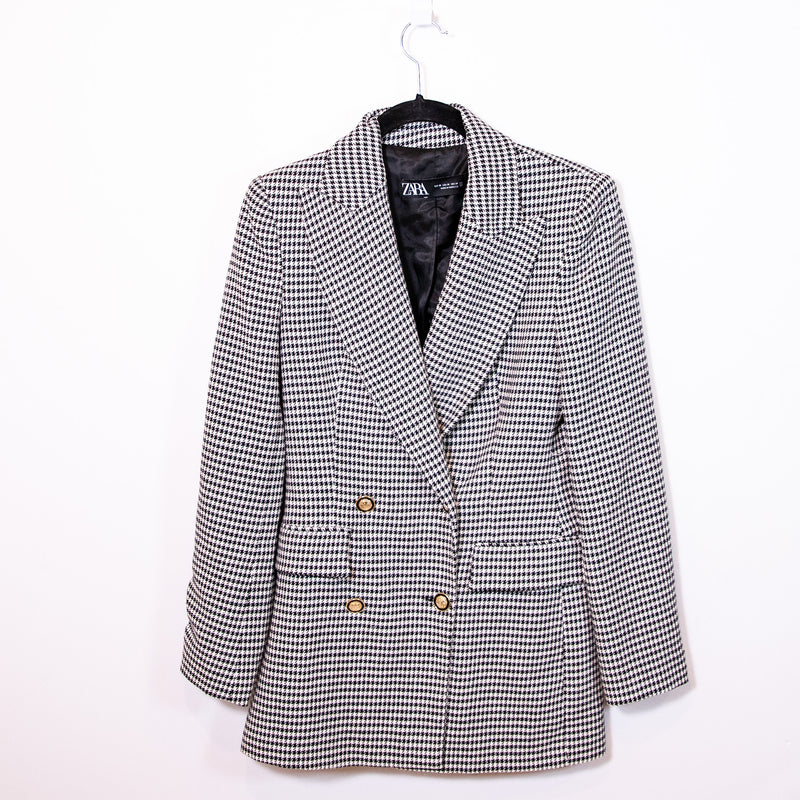 Zara Cotton Blend Micro Houndstooth Print Pattern Double Breasted Blazer Jacket