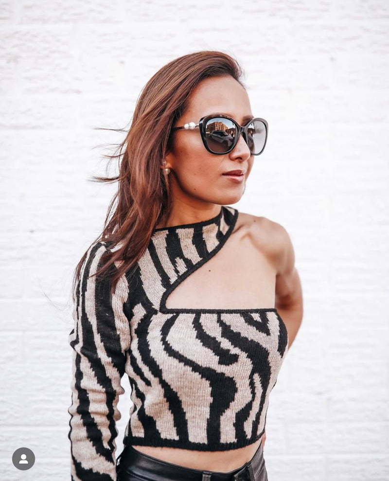 NBD Olivia Wool Blend Cut Out One Shoulder Zebra Animal Print Pattern Sweater