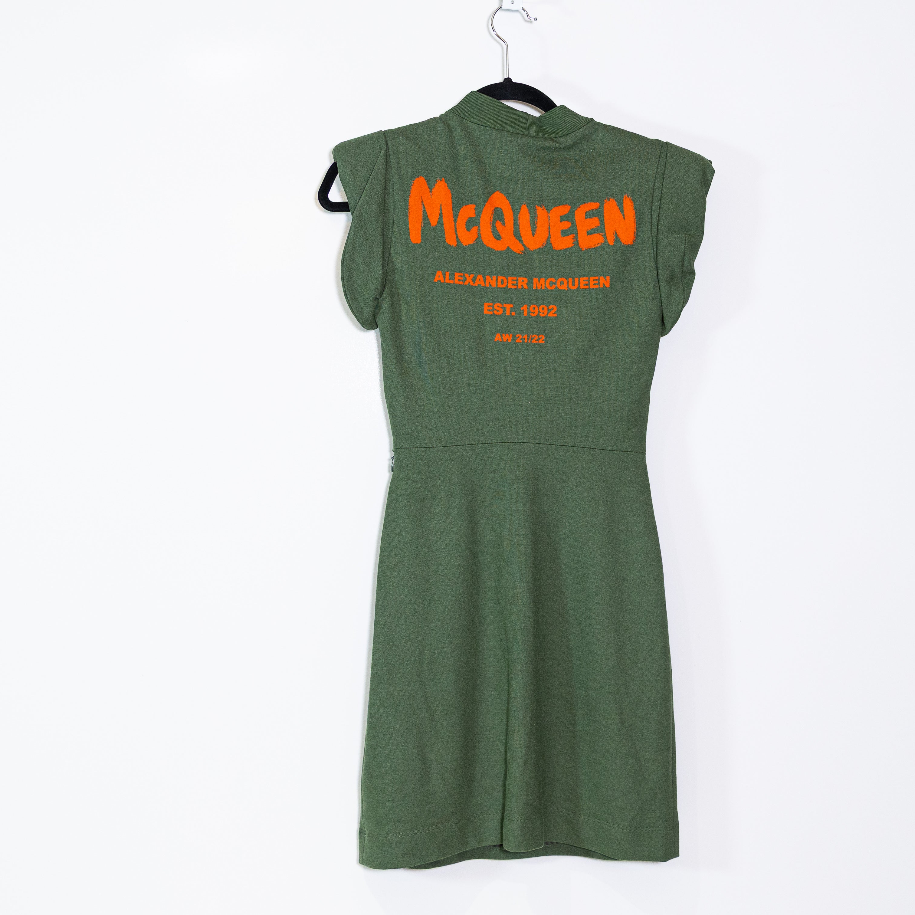 Alexander Mcqueen Mock Neck Cap Short Sleeve Graffiti Logo Print Mini Dress