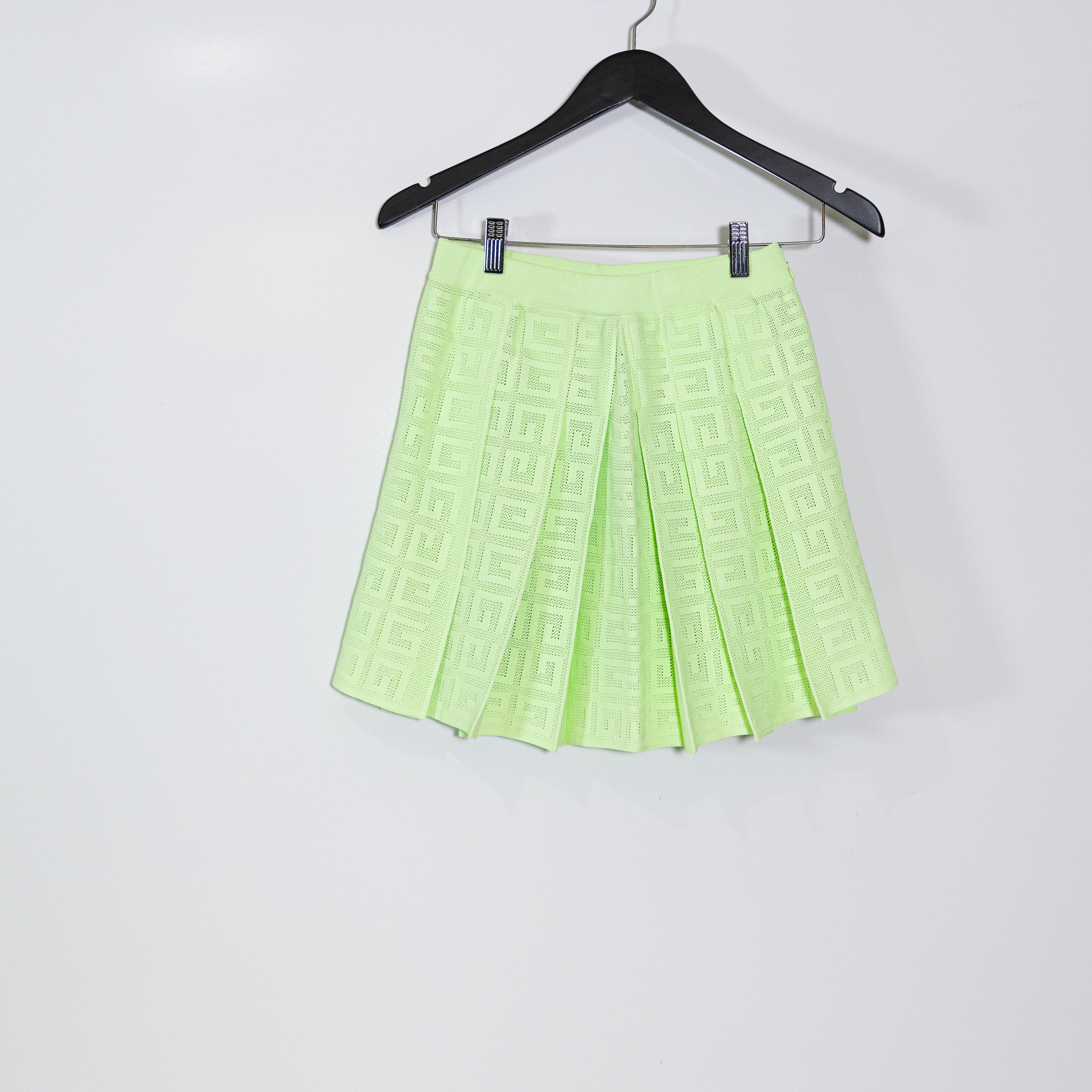 Givenchy 4G Logo Perforated Knit Pleated Mini School Tennis Skirt Neon Green XS