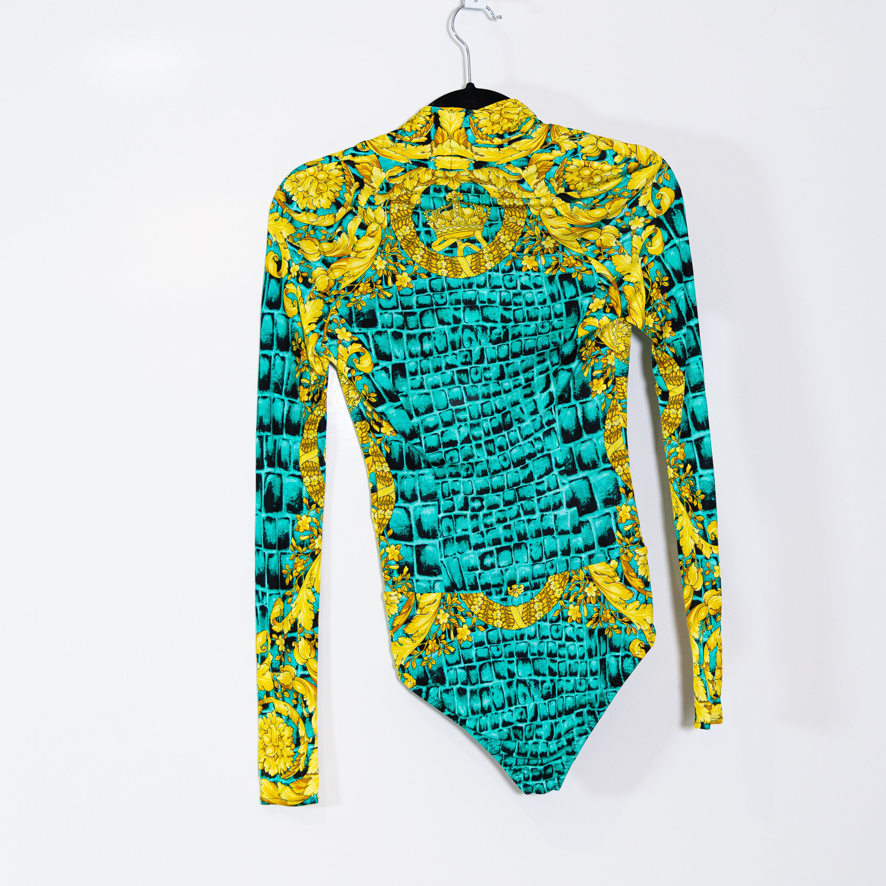 NEW Versace Draped Jersey Fabric Crossover Long Sleeve Bodysuit Barrocodile S
