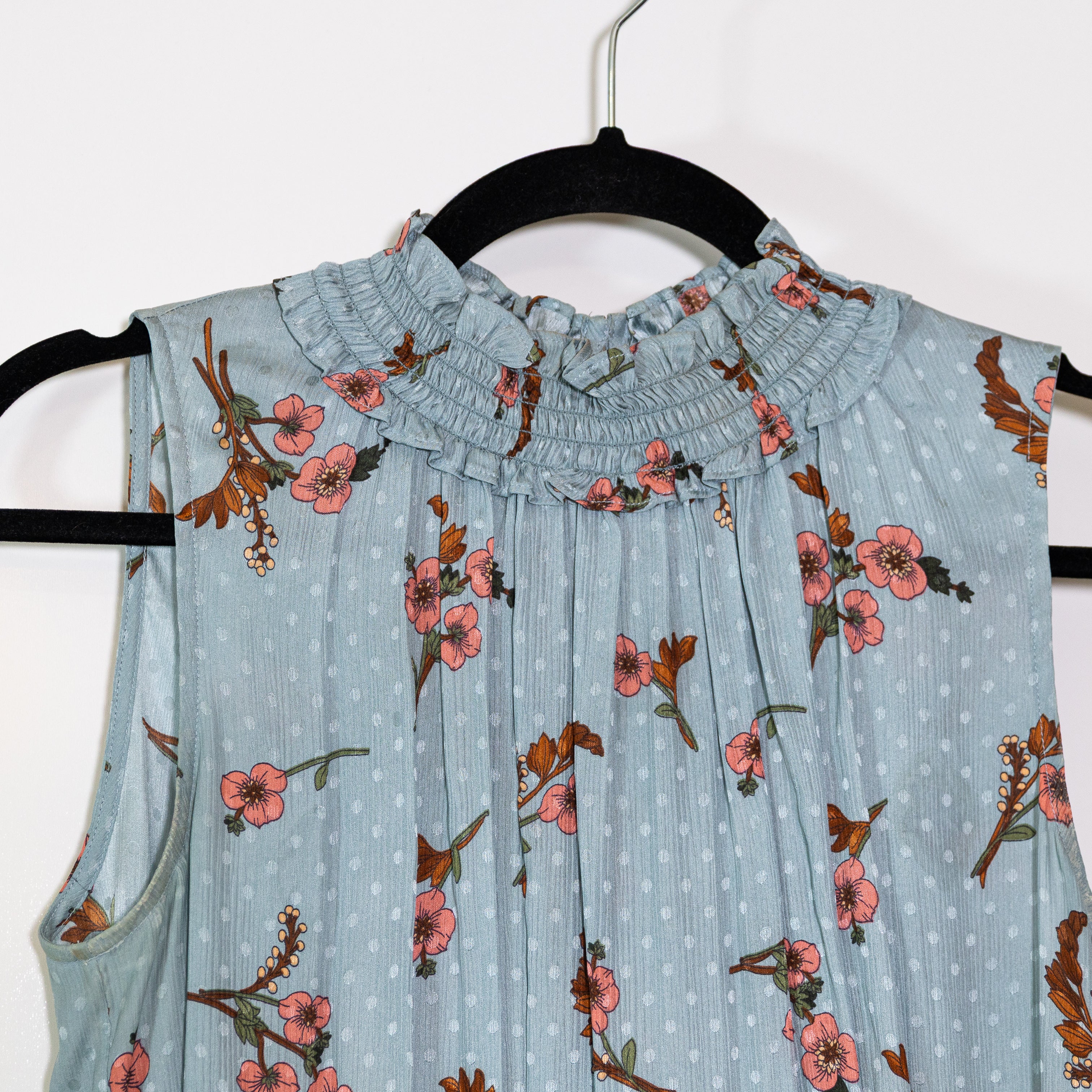 Rebecca Taylor Silk Chiffon Smocked Neck Sleeveless Floral Print Pattern Blouse